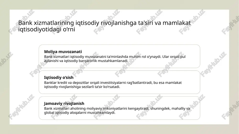 aqi va to‘lovlarni oson va xavfsiz qilishi bilan aholining moliyaviy barqarorligini ta’minlaydi. qarz berishning iqtisodiy ta'siri va moliyaviy barqarorlikka qo'shgan hissasi. 1 qarz berishning iqtisodiy ta'siri - qarz berish iqtisodiyotda investitsiyalarni rag‘batlantiradi, ishlab chiqarishni kengaytiradi va yangi ish o‘rinlari yaratishda muhim rol o‘ynaydi. 2 moliyaviy barqarorlik - to‘g‘ri va muvofiqlashtirilgan qarzlar banklarning moliyaviy barqarorligini ta’minlab, banklar va iqtisodiyot uchun xavf-xatarlarga chidamliligini oshiradi. 3 iqtisodiy rivojlanish - qarzlar orqali resurslar taqsimoti yaxshilanadi, shuningdek, mahalliy va milliy iqtisodiyotning uzoq muddatli rivojlanishi uchun asos yaratiladi. depozitlar orqali mahalliy iqtisodiyot va banklar faoliyatining rivojlanishi. mijozlar uchun qulaylik depozitlar banklar uchun mijozlar bilan mustahkam aloqalar o’rnatadi, ularning ehtiyojlarini qondirish va xizmat sifatini oshirishga yordam beradi. iqtisodiy rivojlanish mahalliy iqtisodiyotda depozitlar mablag‘lar oqimini ta’minlaydi, investitsiyalar va ishlab chiqarishni rivojlantirish uchun muhim moliyaviy manba bo‘lib xizmat qiladi. banklarning faoliyati depozitlar banklar uchun asosiy moliyaviy manba bo‘lib, ularning likvidligi va kredit portfeli kengayishini ta’minlaydi, moliyaviy barqarorlikni mustahkamlaydi. mahalliy …