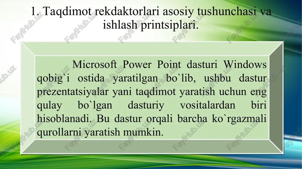 ti formatirovaniya dlya raboti s risunkami i graficheskimi elementami. oni budut rassmotreni pozje. [primechanie dlya instruktora. chtobi zapustit animatsiyu vo vremya pokaza slaydov, shelknite ee pravoy knopkoy mishi i viberite vosproizvedenie. prosmotrev animatsiyu odin raz, mojno vibrat v kontekstnom menyu komandu peremotka i zatem snova vosproizvedenie. esli vi shelkaete v slayde dlya vvoda teksta ili perexoda k sleduyushemu slaydu, no nichego ne proisxodit, shelknite vne ob'ekta animatsii. inogda prixoditsya shelkat dvajdi. v sluchae nepoladok s prosmotrom animatsii oznakomtes s zametkami k poslednemu slaydu eto prezentatsii, kasayushimisya vosproizvedeniya animatsii macromedia flash. esli i posle etogo budut voznikat problemi, ispolzuyte sleduyushiy slayd so statichnim izobrajeniem: eto dublikat dannogo slayda. pered pokazom prezentatsii udalite odin iz etix dvux slaydov.] power point 2016 menyulari fayl menyusi vstavka menyusi dizayn menyusi perexod menyusi animatsiya menyusi slayd shou retsenzirovanie vid format ispring menyusi 2. prezi, microsoft powerpoint, apple keynote, google slides, libreoffice impres redaktorlarining taxlili. prezi, …