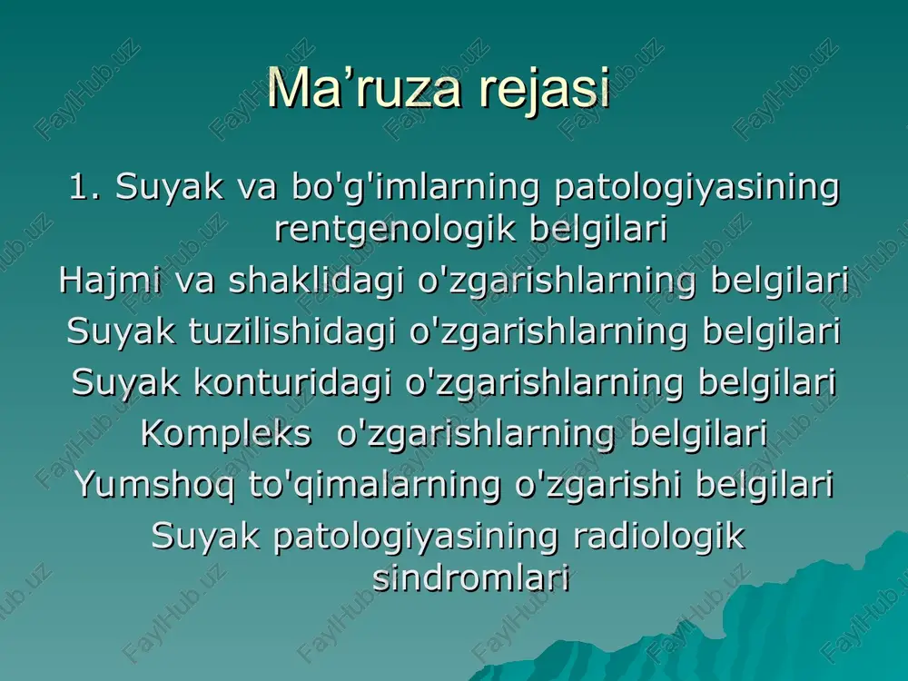 gonadotropinni chiqaradigan gormon antagonistlari 8.5. alyuminiyni o'z ichiga olgan antasidlar 8.6. qalqonsimon bez gormonlari maxalliy o.: o'tkir va surunkali yallig'lanish neyrogen zararlanish (nerv magistrallarining shikastlanishi, nevrit, nevralgiya) kuyishlar, muzlash o.ning rentgenogrammasi: - suyak to'qimalarining shaffofligini oshishi - kortikal qatlamning yupqalashishi va parchalanishi - suyakning katta halqasimon suratini kuchayishi - suyak iligi bo'shlig'ining kengligini oshishi - suyak konturiga urg'u berish ii.2. osteoskleroz - suyak hajmining birligiga suyak strukturasini zichlashishi os turlari: suyak o'sishi sohalarida fiziologik (funktsional), yukning ortishi, artikulyar bo'shliqlarda shikastlanishdan keyingi (reparativ) yallig'lanish (surunkali osteomielit, sifilis va boshqalar). reaktiv (distrofik, o'sma jarayonlari) toksik (maryak, fosfor bilan surunkali zaharlanish) idiopatik (skelet differensiatsiyasi anomaliyalari - marmar kasalligi, osteopoikiliya, melorgeostoz) osteoskleroz otning rentgenologik belgilari: - g’ovak moddaning nozik halqali tuzilishi - kortikal qatlamning qalinlashishi - to'liq yopilishi mumkin bo'lgan suyak iligi bo'shlig'ining torayishi (eburnatsiya) - suyak zichligini oshirish ii.3. dastruksiya - suyakning ba'zi patologik to'qimalar bilan almashtirilishi bilan nobud bo'lishi. yo'q qilish turlari: …