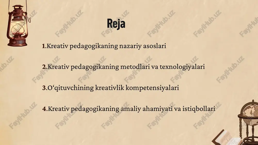 yondashuvdir. raqamli (digital) pedagogika bu ta’lim jarayonida raqamli texnologiyalar, onlayn platformalar va multimedia vositalaridan samarali foydalanishga asoslangan pedagogika yo‘nalishi. u o‘quvchilarning bilim olish jarayonini tezkor, qulay va interfaol qilishga yordam beradi. kreativ san’at pedagogikasi bu ta’lim jarayonida san’at (musiqa, rasm, teatr, adabiyot, dizayn va b.) vositalaridan foydalanib, o‘quvchilarning ijodiy fikrlashini, estetik didini va shaxsiy qobiliyatlarini rivojlantiruvchi pedagogik yondashuvdir. maqsad metodlar prinsiplar vositalar mazmun natijalar kreativ pedagogika tuzilishi 1. o‘quvchilarda kreativ fikrlashni rivojlantirish – muammolarga noodatiy yechim topish, mustaqil qaror qabul qilishni o‘rgatish. ijodiy qobiliyatlarni ochish – san’at, texnologiya, loyiha va muammoli topshiriqlar orqali iste’dodlarni yuzaga chiqarish. shaxsiy rivojlanishni qo‘llab-quvvatlash – o‘quvchining qiziqishi, qobiliyati va shaxsiy salohiyatini yuksaltirish. o‘qituvchini yangicha metodlardan foydalanishga undash – an’anaviy usullardan chiqib, innovatsion va kreativ yondashuvlarni qo‘llash. ta’limni qiziqarli va samarali qilish – o‘quvchilarni darsga faol jalb etish, motivatsiyani oshirish. maqsad maqsad 2. muammoli o‘qitish metodi o‘quvchilarga muammo qo‘yiladi va uni o‘zlari izlanib yechadi loyiha metodi …