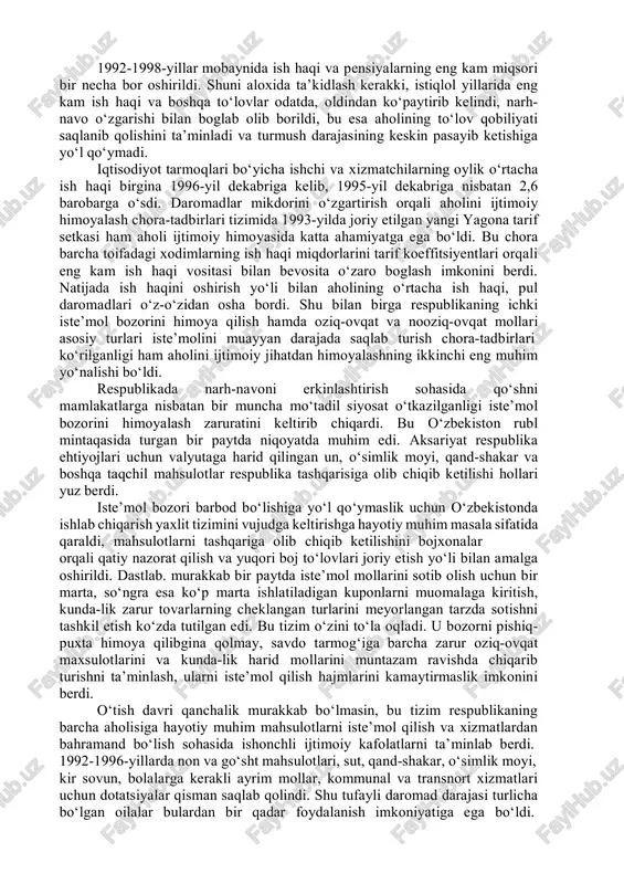 zlanish darajasi keskin ortib borishi munosabati bilan daromadlarning eng kam va o‘rtacha darajasini muntazam oshirish ijtimoiy qimoyalash chora-tadbirlari tizimidagi eng ustun yo‘nalishlardan biri bo‘lib keldi va hozirgi kunda ham shunday bo‘lib qolmoqda. bu yo‘nalish aholining barcha tabaqalarini istisnosiz qamrab oldi va islohotlarning lastlabki davrida keng miqyosda qo‘llanildi. boshqa mamlakatlardan farq-li o‘laroq, o‘zbekistonda daromadlar nisbatini o‘zgartirish ish haqi, pensiyalar, stipendiyalarning, jamgarma banklaridagi aholi omonatlari stavkalarining eng oz miqdorlarini bir vaqtning o‘zida markazlashtirilgan tarzda qayta ko‘rib chiqish yo‘li bilan amalga oshirildi. 1992-1998-yillar mobaynida ish haqi va pensiyalarning eng kam miqsori bir necha bor oshirildi. shuni aloxida ta’kidlash kerakki, istiqlol yillarida eng kam ish haqi va boshqa to‘lovlar odatda, oldindan ko‘paytirib kelindi, narh- navo o‘zgarishi bilan boglab olib borildi, bu esa aholining to‘lov qobiliyati saqlanib qolishini ta’minladi va turmush darajasining keskin pasayib ketishiga yo‘l qo‘ymadi. iqtisodiyot tarmoqlari bo‘yicha ishchi va xizmatchilarning oylik o‘rtacha ish haqi birgina 1996-yil dekabriga kelib, 1995-yil dekabriga nisbatan 2,6 …
