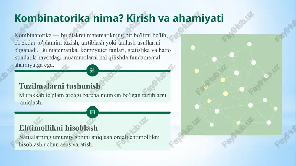 mmoning turiga mos keladigan eng aniq formulani (p, c yoki takrorlashli variant) tanlash. muammoni bo'laklarga ajratish murakkab muammolarni oddiyroq, bir-biriga bog'liq bo'lmagan qismlarga bo'lish (ko'paytirish qoidasi). diagramma tuzish kichik to'plamlar uchun barcha mumkin bo'lgan natijalarni vizuallashtirish (daraxt diagrammasi) tushunishni osonlashtiradi. 10 xulosa kombinatorika elementlari - bu faqat formulalar emas, balki tartiblash va tanlash bo'yicha mantiqiy fikrlash usuli. bu tushunchalarni o'zlashtirish sizning analitik ko'nikmalaringizni sezilarli darajada oshiradi. takrorlash permutatsiyalar va kombinatsiyalar o'rtasidagi asosiy farqlarni mustahkamlang. qo'shimcha mashq turli sohalardan (kompyuter fanlari, ehtimollik) amaliy muammolarni yechishga harakat qiling. chuqur o'rganish kiritish-chiqarish printsipi va generatsiya funksiyalari kabi murakkab mavzularni o'rganishni boshlang. 11 e’tiboringiz uchun rahmat! image2.png image1.jpg image3.png image4.png image5.png image6.png image7.png image8.png image9.png image10.png image11.png image12.png image13.png image14.png image15.png image16.png image17.png image18.png image19.png image20.png image21.png image22.png image23.png image24.png image25.png image26.png image27.png image28.png image29.png image30.png image31.png image32.png image33.png