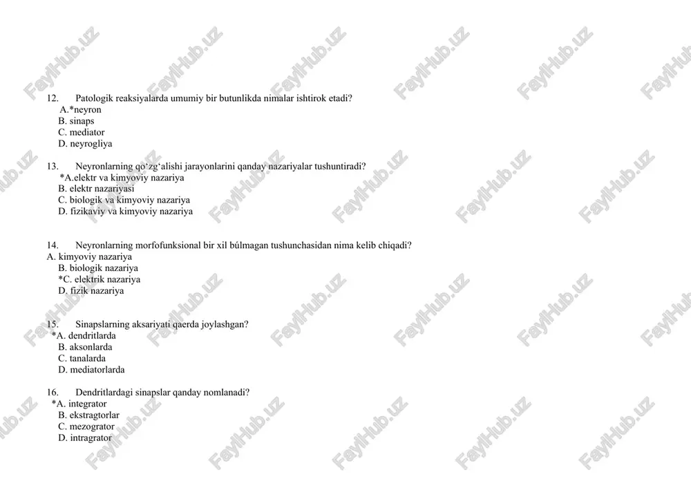 ? a. 2* b. 3 c. 5 d. 4 1. transportlik nima bilan amalga oshiriladi? a.*fibrillyar oqsillar b. fosolipidlar c. dendridning kortikal zonasi d. elektr sinapslari 1. neyronlarning potensial ta’sir generatsiyasi qaerda sodir bo‘ladi? *a. neyronning boshlang‘ich segmentida b. neyronning so‘ngi qismida c. aksonning kortikal zonasida d. dendritning kortikal zonasida 1. neyronning integral faolligini kim o‘rgangan? a.*anoxin b. kaxal c. galvani d. matteuchi 1. harakat potensiali ketma – ketligi chizmasi qanday nomlanadi? a.*pattern b. akson c.dendrit d. asab markazi 1. har qanday fiziologik funksiyani ta’minlaydigan neyronlar to‘plami qanday nomlanadi? *a. asab markazi b. mat c. pattern d. modulyator 1. asab markazlari lokalizatsiyasining nechta turi bor a.4 b. 3 *c. 5 d. 6 1. nerv markazlari funksiyalariga ko‘ra qanday turlarga bo‘linadi? *a. motor, sensor b. tormoz, qo‘zg‘aluvchanlik c. elektr, kimyoviy d. sensor, neyrosensor 1. nerv markazlarining lokalizatsiyasi qanday? *a. o‘mirtqa, stvol, miyacha, po‘stloq osti, miya po‘stlog‘i b. orqa miya, stvol, miyacha, …