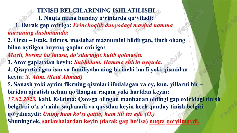uchib keldi. c) takrorlangan bog‘lovchidan oldin: hovlida yo ayollar, yo bolalar bo‘lishi kerak. 2. undalmalarni ajratish uchun: og‘lim, sadoqat bilan xizmat qil! 3. kirish so‘zlarni va tuzilishiga ko‘ra murakkab bo‘lmagan kirish gaplarni ajratish uchun: menimcha, uch kishi keladi. men sizga to‘g‘risini aytsam, bugun biz birga kelganmiz. 4. ha va yo‘q so‘zlarini gap bo‘laklaridan ajratish uchun: ha, siz to‘g‘ri aytyapsiz. yo‘q, bu vazifani bajara olmayman. 5. gapning ajratilgan bo‘laklarini ayirib ko‘rsatish uchun: biz, ya’ni iii bosqich talabalari, yakshanbalikda namuna ko‘rsatib ishladik. 6. bog‘lovchisiz bog‘langan qo‘shma gaplarda: ko‘p so‘zning ozi yaxshi, oz so‘zning o‘zi yaxshi. 7. ammo, lekin, biroq (yolg‘iz kelgan) bog‘lovchilar bilan bog‘langan qo‘shma gaplarda: qovun pishmagan, lekin sap-sariq pishgan handalaklar dumalab yotar edi. 8. ergash gaplarni ajratish uchun: kim ko‘p o‘qisa, u bilimdon bo`ladi. 9. muallif gapini ko‘chirma gapdan ajratish uchun: ,,siz haddan ziyod ko‘ngilchansiz”, - deb e’tiroz bildirdi la’lixon qiziqqonlik bilan v. ko‘p nuqta quyidagi o‘rinlarda qo‘yiladi: 1. fikrning …