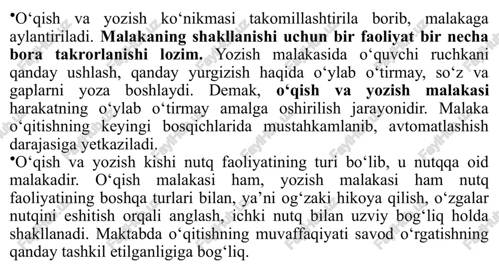 ing quyidagi xususiyatlarini hisobga olish muhim ahamiyatga ega: 1. savod o‘rgatishda tovush-harf bilan tanishtirish unlilardan boshlanadi. hozirgi o‘zbek tilida 6 ta unli fonema mavjud: a, o, i, e, u, o‘. e harfi so‘z va bo‘g‘in boshida qo‘llanadi (ekin, echki, aeroplan), undoshdan keyin o‘rta keng lablanmagan unli tarzida o‘qiladi (kel, tez). savod o‘rgatishda oldin so‘z boshida keladigan e, so‘ngra undoshdan keyin keladigan e tovush-harfi bilan tanishtiriladi. o harfi o‘zbekcha, umumturkiy so‘zlarda quyi keng, lablangan o tovushini ifodalaydi, ruscha-baynalmilal so‘zlarda urg‘usiz bo‘g‘inda a tarzida (botanika), o‘ tovushi kabi (tonna), qisqa i tarzida (traktor) talaffuz qilinadi. shuning uchun bu unli qatnashgan ruscha-baynalmilal so‘zlar savod o‘rgatish davridan so‘ng o‘quv jarayoniga kiritiladi. a tovushi bahor, savol kabi so‘zlarda o kabi, muomala, munosabat kabi so‘zlarda i tovushiga yaqin talaffuz qilinadi, lekin a yoziladi. u tovushi qovun, sovun kabi so‘zlarda i tovushiga yaqin talaffuz etilsa ham, u yoziladi. i tovushi bilan, sira kabi so‘zlarda qisqa i tarzida …