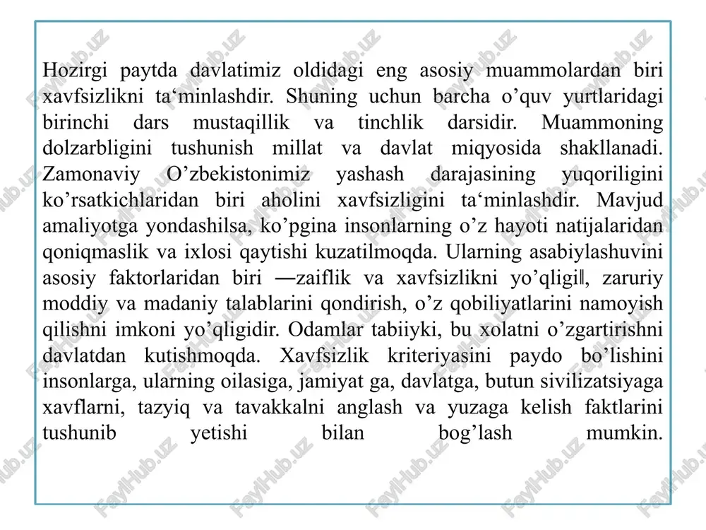 ’lmay yashash davri tugadi. hozir shunarsa aniq bo’ldiki, insoniyat biosferaning qonunlarini e‘tiborga olgan xolda rivojlanishi mumkin. buning uchun nafaqat ma‘naviy, moddiy boyliklarni,balki madaniyatimizni ham o’zgartirish kerak. xavfsizlik madaniyati - madaniyatning tarkibiy qismi bo’lib, u mehnatmahsulotlarining tarkibida, vositalarida aks etadi, insonlarning o’zaromunosabatlarining rivojlanishi va moddiy dunyoni o’zgarishiga yo’naltirilganbo’ladi.talabalarni mehnat subektiga aylanishi atrofdagi dunyoni o’zgartirishgatayyor bo’lishga, shu bilan birga tashqi xavflarni bartaraf etishga, inson va jamiyat ning hayot faoliyati xavfsiz sharoitini ta‘minlashga, xavfsizlikvositalarini yaratish va foydalanishga da‘vat etadi. madaniyat inson faoliyatining natijasi bo’lgan maxsulotlarnigina emas, balki muloqot shakli va uslubi bo’lgan ilm, tajriba va bilimining maxsulini, intellektual, ma‘naviy va estetik dunyoqarashini ham o’z ichiga oladi.xavfsizlik madaniyati ilm, tajriba va bilimdan tashqari dunyoqarash fikrlarni, ma‘naviy va estetik boyliklarni, xavfsizlik muammolarini xal etishningintellektual tajribasini, birgalikda yashash jarayonidagi o’zaro muloqot va aloqa xavfsizligini ham tushuntiradi.madaniyat avlodlar o’zgarishi jarayonida insonlarning hayot faoliyatini tashkil etishi va rivojlanishi, ta‘minlanishini usulidir. madaniyat xavfsizligining mavjudligini shakllari turli xizmatlarning faoliyatida mujassamlanadi, …