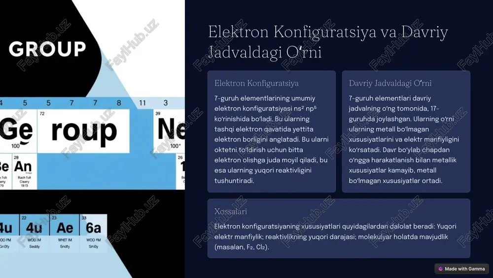 iliyatini belgilaydi. 7 marganetsning qotishmalaridagi roli va qoʻllanilishi 1 poʻlat ishlab chiqarish poʻlatning mustahkamligini oshiradi 2 alyuminiy qotishmalari korroziyaga chidamlilikni oshiradi 3 boshqa qotishmalar magnit xususiyatlarini yaxshilaydi marganets poʻlat ishlab chiqarishda muhim rol oʻynaydi, uning mustahkamligini va qattiqligini oshiradi. u alyuminiy qotishmalarining korroziyaga chidamliligini yaxshilash uchun ham ishlatiladi. bundan tashqari, marganets boshqa qotishmalarning magnit xususiyatlarini yaxshilashda qoʻllaniladi. uning qotishmalardagi roli ularning fizik va mexanik xususiyatlarini yaxshilashga qaratilgan. 8 marganets birikmalarining xossalari va qoʻllanilishi mno₂ mno₂ quruq batareyalarda va katalizator sifatida kmno₄ kmno₄ oksidlovchi va dezinfeksiya vositasi mnso₄ mnso₄ oʻgʻit va ozuqa qoʻshimchasi marganets birikmalari turli xossalarga ega va keng qoʻllaniladi. marganets dioksidi (mno₂) quruq batareyalarda va katalizator sifatida ishlatiladi. kaliy permanganat (kmno₄) kuchli oksidlovchi va dezinfeksiya vositasi hisoblanadi. marganets sulfat (mnso₄) oʻgʻit va ozuqa qoʻshimchasi sifatida qoʻllaniladi. ularning xossalari va qoʻllanilishi ularni turli sohalar uchun muhim qiladi. 9 xulosa va kelajakdagi tadqiqotlar xulosa 7-guruh elementlari va marganetsning xossalari, olinishi va …