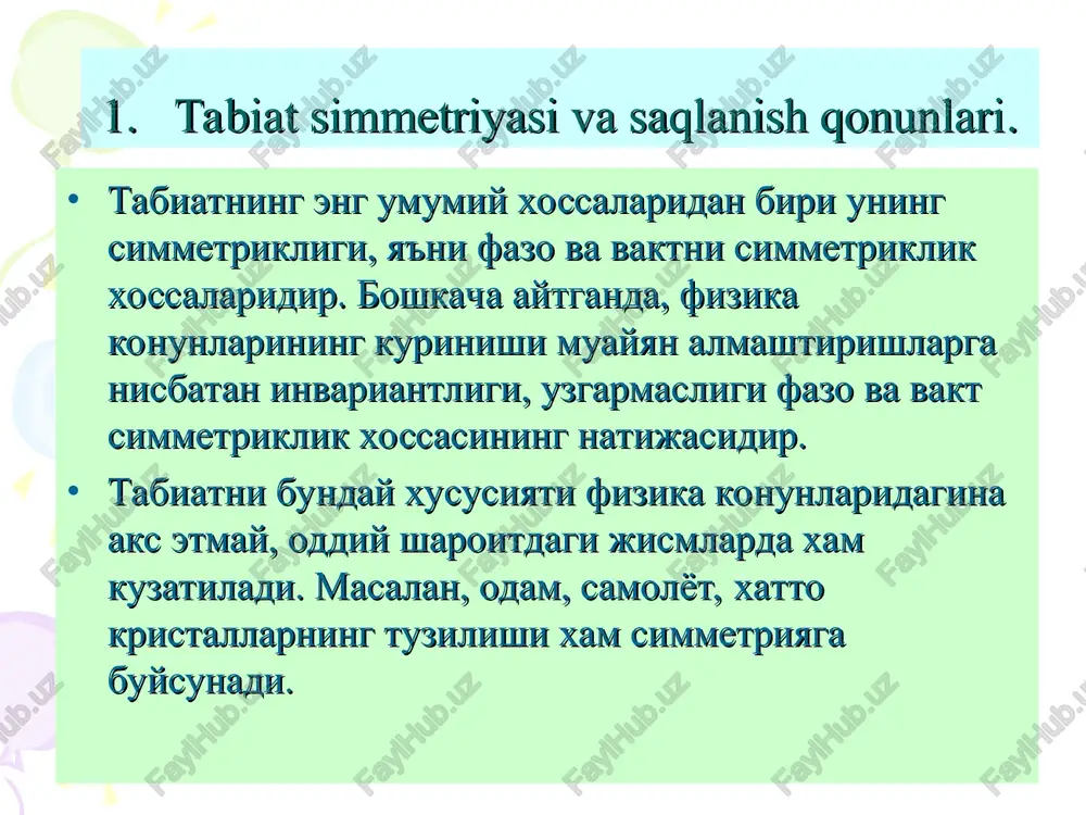 nukta uchun aylanma xarakatning asosiy tenglamasini yozaylik: ichki kuchlar momenti tashki kuchlar momenti ikkita moddiy nukta orasidagi uzaro ta'sir karama-karshi bulgani uchun ularni biror nukgada xosil kilgan momentlarn karama-karshi bulib, natijasi nolga tent buladi. shuning uchun ichki kuchlar xosil kilgan momentlar yigindisi nolga teng. tashki kuchlar xosil kilgan moment: ga teng deb, oxirgi ifodani kuyidagicha yozamiz yopik sistemalarda tashki kuchlar xosil kilgan moment nolga teng bulganligidan impuls momentining vaktga boglik emasligi kelib chikadi: demak, yopik sistemalarda impuls momenti uzgarmas ekan. bu ifoda klassik mexanikada impuls momentining saklanish konuni deyiladi. impuls momentining saklanish konunini kuyidagicha yozishimiz mumkin: l= iѡ =const jism xarakat mikdori momenti i ѡ uzgarmasdan kolishi uchun i ortsa ѡ kamayishi, i kamaysa ѡ ortishi kerak. bu konunni bevosita sportchining dumbalok oshib sakraganda oyok kullarini yigib olishida kurish mumkin yoki vertikal uk atrofida aylanma xarakat kilayotgan platforma (disk) ustidagi odam xarakatida (kullarni yigib, yozib yuborishda) kuzatish mumkin. kullarni yozishda …