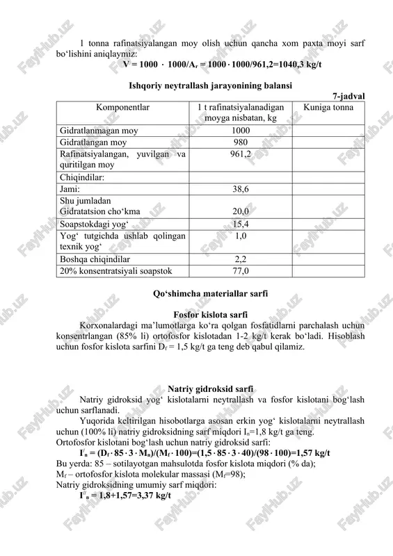 qilingan, yuvilgan va quritilgan moy miqdori: ar = ar- (o+y) = 980- (16,6+2,2) = 961,2 kg/t 1 tonna rafinatsiyalangan moy olish uchun qancha xom paxta moyi sarf bo‘lishini aniqlaymiz: v = 1000 1000/ar = 10001000/961,2=1040,3 kg/t ishqoriy neytrallash jarayonining balansi 7-jadval komponentlar 1 t rafinatsiyalanadigan moyga nisbatan, kg kuniga tonna gidratlanmagan moy 1000 gidratlangan moy 980 rafinatsiyalangan, yuvilgan va quritilgan moy 961,2 chiqindilar: jami: 38,6 shu jumladan gidratatsion cho‘kma 20,0 soapstokdagi yog‘ 15,4 yog‘ tutgichda ushlab qolingan texnik yog‘ 1,0 boshqa chiqindilar 2,2 20% konsentratsiyali soapstok 77,0 qo‘shimcha materiallar sarfi fosfor kislota sarfi korxonalardagi ma’lumotlarga ko‘ra qolgan fosfatidlarni parchalash uchun konsentrlangan (85% li) ortofosfor kislotadan 1-2 kg/t kerak bo‘ladi. hisoblash uchun fosfor kislota sarfini df = 1,5 kg/t ga teng deb qabul qilamiz. natriy gidroksid sarfi natriy gidroksid yog‘ kislotalarni neytrallash va fosfor kislotani bog‘lash uchun sarflanadi. yuqorida keltirilgan hisobotlarga asosan erkin yog‘ kislotalarni neytrallash uchun (100% li) natriy gidroksidning …
