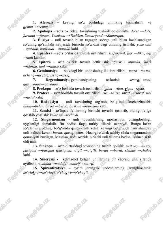 ssiv akkomodatsiyada keyingi tovush oldingisini oʻzgartiradi: bukmoq soʻzidagi k undoshi oʻzidan oldingi orqa qator u unlisini old qator unliga oʻzgartiradi. 3. dissimilyatsiya (ingl. dissimilation - noo‘xshashlik deganidir) hodisasiga ko‘ra ikkita aynan yoki qisman bir xil fonemadan biri o‘zgarib, noo‘xshash fonemaga aylanadi: zarur→zaril, mabodo→nabodo, bebosh→bevosh (yozilishi: zarur, mabodo, bebosh). dissimilyatsiya ham oʻzgarishning yoʻnalishiga qarab ikki xil boʻladi: a) progressiv dissimilyatsiyada keyingi tovush oʻzgarishga uchraydi: birorta → bironta; b) regressiv dissimilyatsiyada oldingi tovush oʻzgarishga uchraydi: toʻqson → toʻxson. 4. metateza (ingl. metathesis – oʻrin almashish deganidir[footnoteref:3]) hodisasiga ko‘ra so‘z tarkibidagi tovushlar o‘rin almashadi: daryo→dayro, ahvol→avhol, tuproq→turpoq, yomg‘ir→yong‘ir (yozilishi: daryo, ahvol, tuproq, yomg‘ir) [3: anglo-russkiy slovar. sostavitel v.k.myuller. moskva, 1971, str. 477.] 2.pozitsion o‘zgarishlar so‘z tarkibidagi tovushlarning o‘rniga ko‘ra o‘zgarishi pozitsion o‘zgarishlar deyiladi. bunga quyidagi hodisalar kiradi: 1. aferezis – keyingi soʻz boshidagi unlinking tushirilishi: ne uchun→nechun. 2. apokopa – so‘z oxiridagi tovushning tushirib qoldirilishi: do‘st →do‘s, farzand →farzan, toshkent →toshken, samarqand →samarqan. …