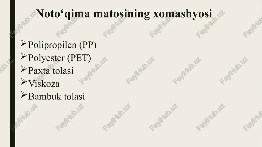 chi mexanizmi; 12- ajratuvchi baraban; 13-pilta shakillantiruvchi moslama biriktiruvchi noto’qima matolar firtirlovchi noto’qima matolar noto‘qima matoning asosini tashkil etuvchi elementlarni tayyorlash ko‘p bosqichli bo‘lmagani uchun, bog‘lash usullari mexanizatsiyalash va avtomatlashtirishni keng joriy etish imkonini bergani uchun iqtisodiy samaradorligi yuqori bo‘ladi.uning asosiy maqsadlari quyidagilarga bo'linishi mumkin: tibbiy va sog'liq uchun: jarrohlik xalatlar, himoya kiyimlari, steril mato, niqoblar, tagliklar va boshqalar; maishiy bezak matolari: devor qoplamalari, dasturxon, choyshablar va hk.; astarli mato: astar, yopishqoq astar, kletchatka, paxta matosi, turli xil sintetik teri matolari sanoat matolari: filtr materiallari, izolyatsion materiallar, tsement sumkalari, geotekstil, qoplamali matolar va hk.; qishloq xo'jaligi matolari: o'simliklarni himoya qiladigan mato, bolalar bog'chasi, sug'orish matolari, issiqlikni saqlovchi parda va boshqalar; boshqalar: kosmik paxta, issiqlik izolatsiyasi materiallari, yog 'yutadigan namat, tutun filtri, sumka va choy paketlari. favqulodda vaziyatlarda yoki holatlarni ko'payishi tufayli maskalarga talab oshdi. ular orasida tibbiy jarrohlik niqoblari va n95 niqoblari odatda sms tuzilishi deb ataladigan ko'p qatlamli tuzilmani …