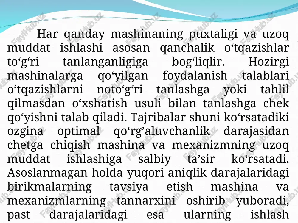 kli tirqish deb ataladi. tirqishning bir tekisda oshib borishi va yo‘l qo‘yilgan chekli tirqishning o‘zgarmasligi ta’minlanganda birikmaning uzoq muddat ishlashiga boshlang‘ich tirqish kuch matini kamaytirish orqali erishish mumkin. shuning uchun boshlang‘ich tirqish qiymatini val va teshik g‘adir�budirlik balandlik qiymatiga kamaytirsak, bu birikmaning texnik resursini oid ishini ta’minlaydi. ishqalanib moslanish jarayonida g‘adir-budirlik balandlik boshlang‘ich qiymatiga nisbatan 70% kamayadi, uni qo‘yidagicha ifodalash mumkin: undan tashqari ish holatida xarorat oshadi, tutashuvchi detallarning chiziqli kengayish koeffisiyenti xar hil bo‘lganligi uchun boshlang‘ich tirqish qiymatiga ta’sir qiladi. harorat ta’sirida tirqishning o‘zgarish qiymati o‘tqazish tanlashda birinchi navbatda afzal o‘tqazishlarni tanlash va bunda val sirpanish podshipnigi uchun tirqish qiymati nolga teng bo‘lgan o‘tqazish tavsiya qilish mumkin emasligini hisob olsak, u holda quyidagi shart bajarilishi lozim tanlangan o‘tqazishning eng nomakbul sharoitda eng yupqa moy qatlamini ta’minlashini hisobga olgan holda tekshirish lozim. bunda quruq moysiz ishqalanish bo‘lmasligi uchun eng yupqa moy katlami a val va teshik g‘adir-budirliklari yig‘indisidan katga bo‘lishi …