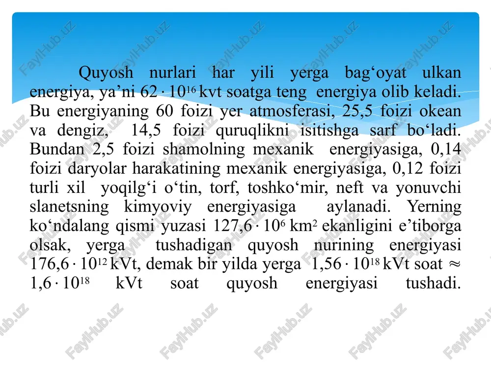 ntsentratorlari biroz egiluvchan shaklga ega reflektorlarga ega. ushbu reflektorlar, shuningdek, nurlanishni qo'shimcha reflektor bilan jihozlangan quvurli absorberga qaratadi. suv to'g'ridan-to'g'ri issiqlik qabul qiluvchi trubkasida isitiladi va bug'lanadi. bu tannarxni pasaytirish orqali parabolik kontsentratorlarga nisbatan stansiyaning samaradorligini oshirishga yordam beradi, ammo bu turdagi stansiyalar uchun o'rtacha yillik elektr energiyasi ishlab chiqarish kamroq. minora tipidagi quyosh elektr stantsiyalarida quyosh nurlanishi markaziy issiqlik qabul qiluvchiga juda ko'p sonli tekis reflektorlar (oynalar) yordamida to'planadi, ular kunduzi yorug'lik vaqtida o'rnatish burchagini avtomatik ravishda o'zgartiradi. bu chiziqli kontsentratorli tizimlarga nisbatan sezilarli darajada yuqori konsentratsiyaga erishish imkonini beradi. bunday holda, issiqlik batareyasidagi harorat 1000 ° c dan oshadi. bunday haroratlar stansiyaning samaradorligini sezilarli darajada oshiradi. «o‘zbekenergo» dak mutaxassislarining hisoblariga qaraganda o‘zbekiston respublikasi hududi, quyosh energiyasi bo‘yicha juda katta imkoniyatlarga ega. mamlakatdagi barcha qayta tiklanuvchi energiya manbalarining 99 % ni quyosh energiyasi tashkil qilib, 50mlrd. tonna neft ekvivalentiga teng ekanligi aniqlandi. hukumatning noana’naviy va qayta tiklanuvchi energiya manbalaridan …
