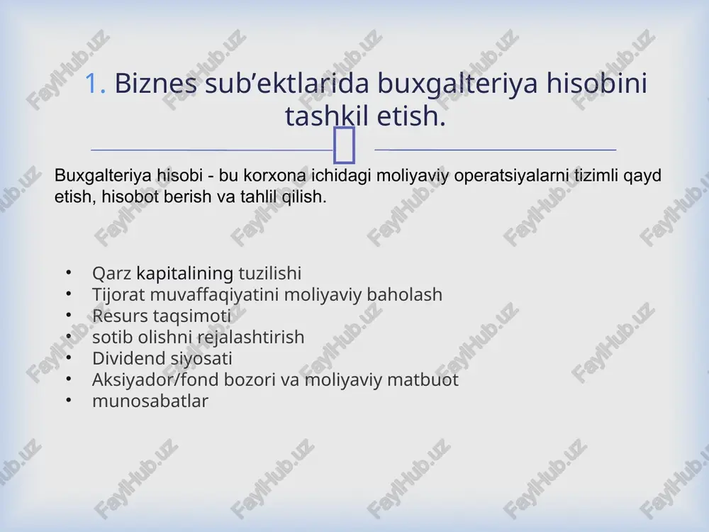korporativ moliyalashtirishning murakkab strategiyalari, siyosatlari va tartiblari.  g'aznachilik va moliya funktsiyalarining asosiy rollariga quyidagilar kiradi: aylanma mablag'larni boshqarish g'aznachilik bo'limi tashkilotning pul mablag'lari qoldig'i va aylanma mablag'larini hech qachon pulsiz qolmasligi uchun nazorat qiladi. naqd pulni boshqarish kassa byudjetlarini tuzish va kerak bo'lganda overdraftlarni tartibga solish. moliyalashtirish g'aznachilik bo'limi iloji boricha ko'proq investitsiya daromadini olish va iloji boricha kamroq foiz xarajatlarini ta'minlash uchun tashkilotning investitsiyalari va qarzlarini kuzatib boradi. chet el valyutasi g'aznachilik bo'limi valyuta kurslarini kuzatib boradi va valyuta kurslarining o'zgarishi natijasida yo'qotishlarni minimallashtirish uchun tashkilot ishlarini boshqarishga harakat qiladi. soliq g'aznachilik bo'limi iloji boricha ko'proq soliqdan qochish uchun tashkilot ishlarini boshqarishga harakat qiladi.  aylanma mablag'lar - bu tashkilotning kundalik faoliyatini amalga oshirish uchun mavjud bo'lgan kapital bo'lib, joriy aktivlarning joriy majburiyatlardan oshib ketishi sifatida hisoblanadi. shunday qilib inventarizatsiya debitorlik qarzlari naqd pul jami joriy aktivlar kreditorlik qarzlari aylanma mablag'larni boshqarish  e’tboriz uchun rahmat  image4.jpeg …