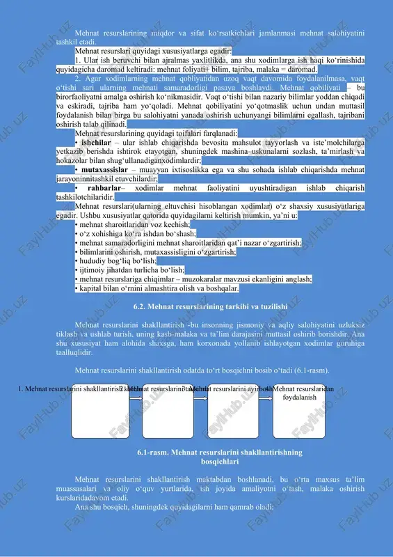 agan aholi aholi iqtisodiy faolligini belgilash uchun o‘rnatilgan yoshda bo‘lgan, ish bilan band bo‘lmaganlar, lekin ish qidirmayotganlar va ishlashga tayyor bo‘lmagan o‘zbekistonda iqtisodiy faol bo‘lmagan aholitarkibigamehnat qilishga qobiliyatli va ishsiz deb hisoblanmaydigan shaxslar, shu jumladan: • ishlab chiqarishdan ajralgan holda ta’lim olayotgan hamda ish haqiga yoki mehnat daromadiga ega bo‘lmagan o‘quvchilar va talabalar; • ishlamayotgan uchinchi guruh nogironlari; • uybekalari hamda bolalarni parvarish qilish bilan band bo‘lgan ishlamayotgan ayollar; • ko‘char va ko‘chmas mulkdan daromad olayotgan ishlamayotgan shaxslar; • ixtiyoriy ravishda mehnat bilan band bo‘lmagan shaxslar kiradi. amerikalik iqtisodchi olimlar k.r. makkonnell va s.l.bryular iqtisodiy o‘sishga ta’sir ko‘rsatuvchi omil sifatida mehnat resurslarining miqdori va sifatini alohida ajratib ko‘rsatishadi. ular nazariyasiga muvofiq mehnat resurslarining miqdori iqtisodiyotda band bo‘lgan kishilar soni hamdaularning mehnatga layoqatli aholi tarkibidagi ulushi bilan belgilanadi. mehnat resurslarining sifatini ifodalovchi va mehnat unumdorligiga ta’sir ko‘rsatuvchi omillar sifatida esa kishilar salomatligining yaxshilanishi, kasb tayyorgarligi, bilimi va manfaatdorligining o‘sishi ko‘rsatkichlari keltiriladi[footnoteref:1]. …