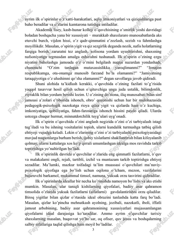 ilk o’spirindagi o’zini anglash turmush, o’qish, mehnat va sport faoliyatlari taqozosi bilan namoyon bo’ladi. yangicha ta’lim muassasidagi odatlanilmagan vaziyatning shaxslararo munosabat va muloqot ko’lamining kengayishi o’zining aqliy, axloqiy, irodaviy his-tuyg’ularining xususiyatlarini oqilona baholash, qo’yilayotgan talablarga javob tariqasida yondashish o’zini anglashni jadallashtiradi. bunday ta’lim tizimidagi o’quvchilarning o’zini anglashga aloqador xususiyatlari mavjud. ular avval, o’zlarining kuchli va zaif jihatlarini, yutuq va kamchiliklarini, munosib va nomunosib qiliqlarini aniqroq baholash imkoniyatiga ega bo’ladilar. agar o’smirda atrofdagi kishilarning oqilona baholashlari orqali aniq baholash yuzaga kelsa, ilk o’spirinda bu holat boshqacharoq tarzda kechadi, unda o’z shaxsiy fazilatini, xulq-atvorini, aqliy va jismoniy mehnat faoliyatini tahlil qilish, qiyosiy baholash mayli kuchayadi. ilk o’spirin o’smirga qaraganda o’z ma’naviyati va ruhiyatining xususiyatlarini to’laroq tasavvur eta olsa ham, ularni oqilona baholashda kamchiliklarga yo’l qo’yadi. natijada u o’z xususiyatlariga ortiqcha baho berib, manmanlik, takabburlik, kibrlanish illatiga duchor bo’ladi, sinf (kurs) va pedagoglar jamoalarining a’zolariga g’ayritabiiy munosabatda bo’la boshlaydi. shuningdek, ayrim ilk o’spirinlar …