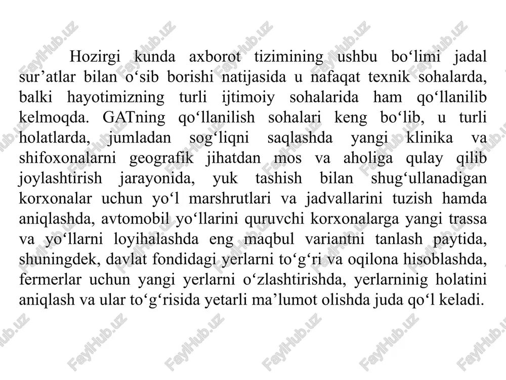 uyidagi beshta savolga javob beradi: 1. joy. … da nima joylashgan? birinchi savol ayni paytda ma’lum bir joyda nima borligini aniqlashtiradi. joylar esa har xil usullar bilan aniqlanishi mumkin, masalan, nomlanishi , pochta indeksi va albatta koordinatalari bilan. 2. sharoit. qayerda joylashgan? ikkinchi savol ham birinchi savolga oʻxshash, lekin bunga javob berishda fazoviy tahlil talab etiladi. birinchi savolda joy aniqlashtirilgan boʻlsa, ikkinchi savolda oʻsha joyda nima borligi va qanday sharoitda ekanligi aniqlashtiriladi. (masalan, 200m x 2 oʻlchamli, qurilishga mos keladigan tuproqli va asosiy avtomobil yoʻlidan 100 m masofada joylashgan maydonni topish). 3. tendensiya. …. dan boshlab nima oʻzgargan? uchinchi savol birinchi va ikkinchi savolni birlashtirib va ularga qoʻshimcha tarzda aniq bir maydonda aniq vaqt ichida nimalar oʻzgarganligini aniqlaydi. 4. strukturalar. qanday fazoviy strukturalar mavjud? bu savol birmuncha murakkabroq. masalan, atom elektr stansiyasiga yaqin aholi punktlarida saraton kasalligining asosiy sababi nima, degan savolni oydinlashtirishda saraton bilan ogʻrigan bemorlar sonini, qayerda joylashganini …
