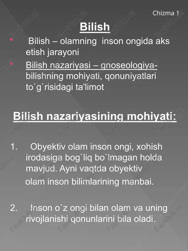 gnoseologiyada xaqiqat muammosi haqiqat – bilishning bosh maqsadi haqiqat – olamdagi narsa va hodisalarning inson ongida to`g`ri aks etishi, bilimlarimizning obyektiv reallikka mos kelishi haqiqatning shakllari : obyektiv haqiqat absolyut (mutlaq) va nisbiy haqiqat konkret va abstrakt haqiqat chizma 7 bilish. ilmiy bilish. insonning olam haqidagi bilimlari 2 ko`rinishda namoyon bo`ladi: oddiy, kundalik bilim; ilmiy, nazariy bilim. bilish – olam,undagi narsa va hodisalarni, ularning xossa, xususiyatlari va munosabatarini anglash. ilmiy bilimlar olamdagi narsa va hodisalarni maxsus faoliyat orqali chuqur, atroflicha o`rganish yordamida hosil qilinadi. chizma 8 ilmiy bilishni o`ziga xos xususiyatlari: ilmiy bilish – chin bilimlar hosil qilishga yo`naltirilgan, uzluksiz kechadigan jarayon. ilmiy bilish insondan maxsus tayyorgarlikni talab qiladi va u inson ma’naviy faoliyatining eng murakkab ko`rinishi –ilmiy tadqiqot faoliyati hisoblanadi. ilmiy bilish natijalari –ilmiy bilim deb yuritiladi va u fanlar mazmunini tashkil qiladi. ilmiy bilish jarayoni murakkab tarkibiga ega: ilmiy bilish subyekti; ilmiy biish obyekti; ilmiy bilish metodlari; ilmiy …