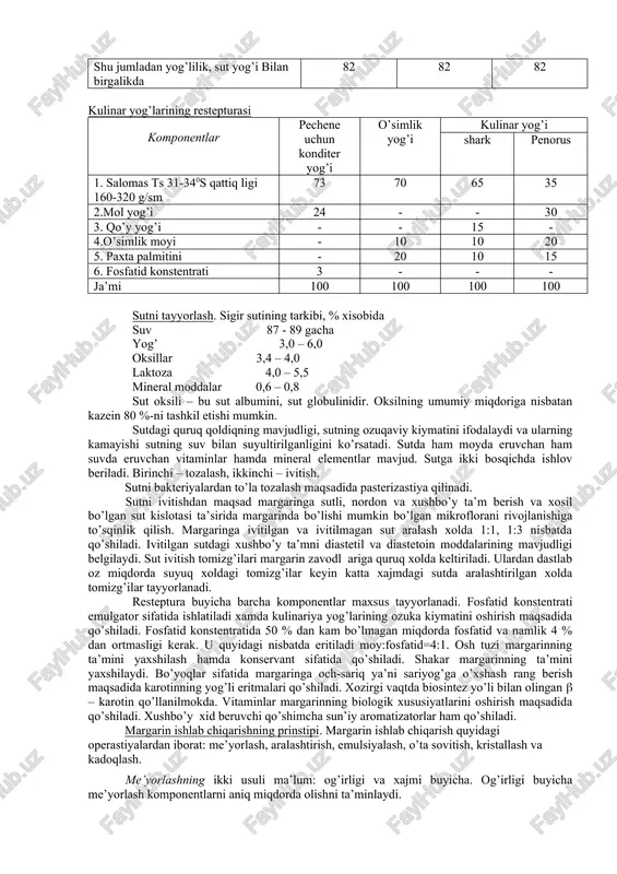 ladi. emulsiyalar haqida. margarin suv va moy aralashmasidan xosil qilingan quyuq emulsiyadir. emulsiya oddiy sharoitda tashqi o’rinishidan bir xil bo’lib, bir-birida aralashmaydigan va bir birida erimaydigan ikki suyuqlik aralashmasidir. suyuqliklardan biri mayda zarrachalar (tomchilar) shaklida ikkinchisida taqsimlangan bo’ladi. ikki turdagi emulsiya mavjud: suvning ichida yog’ (yo-s) va yog’ning ichida suv (s-yo). tabiiy emulsiyalarga sut yoki sariyog’ misol bo’lishi mumkin. emulsiya barqaror bo’lishi uchun emulgatorlar ishlatiladi. emulgator. margarin tayyorlashda – turg’un va mayda zarrachali emulsiya xosil qilish uchun emulgatordan foydalaniladi. yaxshi emulgator margarinni juda turg’un qilib, yog’larning suv bilan biriktirish va kompleks birikmalar xosil qilish, emulsiyalanish xususiyatlarini yaxshilaydi, organizmga singishini tezlashtiradi, sirt aktivligini oshiradi. margarin ishlab chiqarishda emulgator sifatida monoglisterid, distearat monoglisterin (t-2), quritilgan sut va monoglisterin bilan fosfatid konstentrati aralashmasi (t-f), mg, mgd, t-1 markali emulgatorlar ishlatiladi. margarin restepturasi. margarinning yog’li asosi turli yog’larning aralashmasidan iborat. bu aralashmaning erish xarorati, qattiqligi va qattiq faza miqdori margarinni asosiy ko’rsatkichlaridir. erish xarorati …
