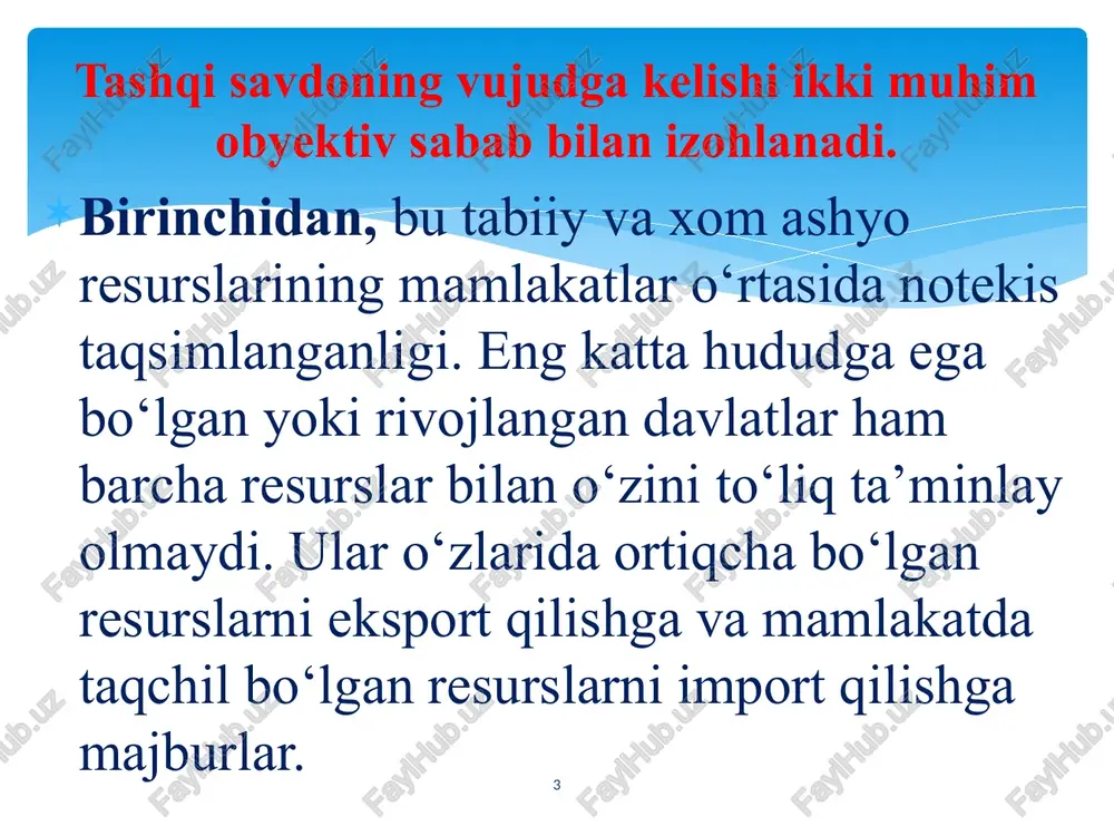 gi o‘zaro nisbat aniqlab olingandan keyin «savdo sharoiti» (terms of trade) tushunchasi savdo sharoitini aniqlab olish uchun esa “savdo sharoiti indeks” tushunchasi kiritilgan. bu indeks quyidagi formula orqali aniqlangan: eksport narxlar indeksi ei savdo sharoiti indeksi = ---------------------------- ----------100 = ------- 100 import narxlar indeksi ii indeksning o‘sishi (masalan, 100 dan 105 gacha) savdo sharoitlarining yaxshilanayotganligini ko‘rsatadi. ya’ni, ushbu miqdordagi importga hisob-kitob qilish uchun undan kam miqdorda eksport talab etiladi. 9 a. smit va d. rikardo nazariyasida ishlab chiqarishga ta’sir qiladigan eng asosiy omil mehnat hisoblangan. mahsulotlar narxi esa ishlab chiqarish xarajatlariga bog‘liq. keyingi tadqiqotlar ishlab chiqarishda asosiy omillar sifatida yer, kapital kabi omillardan foyda olish imkoniyatini hisobga olgan. agarda, mehnatning bozor bahosi ish haqi sifatida gavdalansa, kapitalning bahosi foiz stavkalari ko‘rinishida, yerning bahosi renta miqdorida aniqlangan. 10 e. xeksher va b. olinlar «ishlab chiqarish omillariga bog‘liq holda narxlarni tenglashishi» qoidasini oldinga surgan. buning ma’nosi shundan iboratki, milliy ishlab chiqarishdagi …