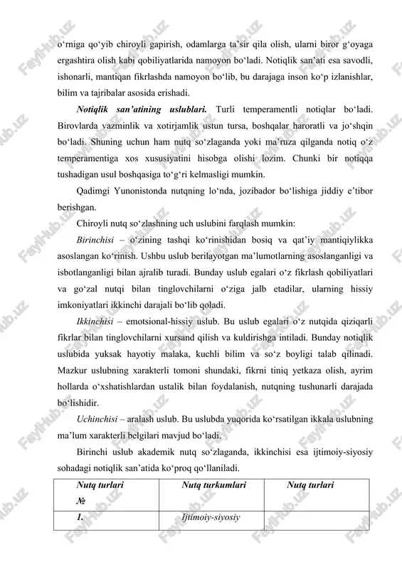 ma’ruza qilganda notiq o‘z temperamentiga xos xususiyatini hisobga olishi lozim. chunki bir notiqqa tushadigan usul boshqasiga to‘g‘ri kelmasligi mumkin. qadimgi yunonistonda nutqning lo‘nda, jozibador bo‘lishiga jiddiy e’tibor berishgan. chiroyli nutq so‘zlashning uch uslubini farqlash mumkin: birinchisi – o‘zining tashqi ko‘rinishidan bosiq va qat’iy mantiqiylikka asoslangan ko‘rinish. ushbu uslub berilayotgan ma’lumotlarning asoslanganligi va isbotlanganligi bilan ajralib turadi. bunday uslub egalari o‘z fikrlash qobiliyatlari va go‘zal nutqi bilan tinglovchilarni o‘ziga jalb etadilar, ularning hissiy imkoniyatlari ikkinchi darajali bo‘lib qoladi. ikkinchisi – emotsional-hissiy uslub. bu uslub egalari o‘z nutqida qiziqarli fikrlar bilan tinglovchilarni xursand qilish va kuldirishga intiladi. bunday notiqlik uslubida yuksak hayotiy malaka, kuchli bilim va so‘z boyligi talab qilinadi. mazkur uslubning xarakterli tomoni shundaki, fikrni tiniq yetkaza olish, ayrim hollarda o‘xshatishlardan ustalik bilan foydalanish, nutqning tushunarli darajada bo‘lishidir. uchinchisi – aralash uslub. bu uslubda yuqorida ko‘rsatilgan ikkala uslubning ma’lum xarakterli belgilari mavjud bo‘ladi. birinchi uslub akademik nutq so‘zlaganda, ikkinchisi esa ijtimoiy-siyosiy …