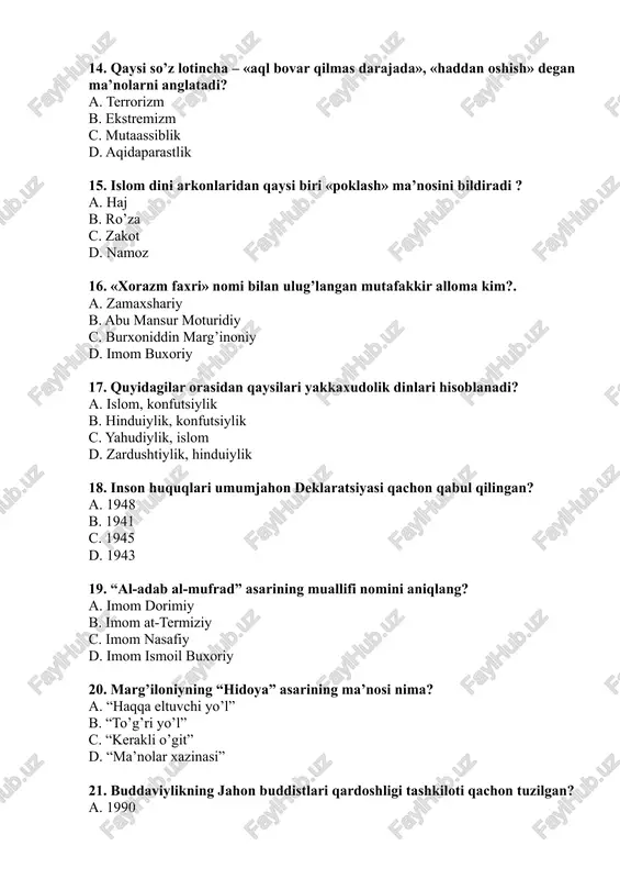 dinshunoslik fanidan yakuniy nazorat test savollari - Page 3