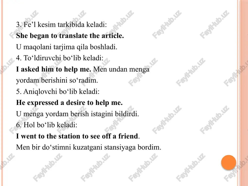 h-harakat bilan bir paytda sodir bo‘lgan ishharakatni ifodalash uchun: i am surprised at hearing this. bu menga g‘alati eshitiladi. b) kelasi zamonga taalluqli bo‘lgan ish-harakatni ifodalash uchun: we intend shipping the goods in may. biz mollarni may oyida yuklashni niyat qilganmiz. c) vaqtdan qat’i nazar: swimming is a good exercise. suzish – yaxshi mashq. perfect gerund gapning kesimidagi ish-harakatdan oldin sodir bo‘lgan ish-harakatni ifodalash uchun perfect gerund ishlatiladi: i don’t remember having seen him before. men uni ilgari ko‘rganimni eslamayman. he mentioned having read it in the paper. u buni gazetada o‘qiganini eslatdi. on (upon), after predloglaridan keyin gerund ifodalaydigan ish harakati gapning kesimidagi ish-harakatidan oldin sodir bo‘lgan bo‘lsa ham simple gerund ishlatiladi: on receiving the answer of the firm we handed all the documents to our legal adviser. firma javobini olganda biz barcha hujjatlarni yuristimizga berdik. homework homework thank you for your attention good bye!!! stay home image2.png image3.png …