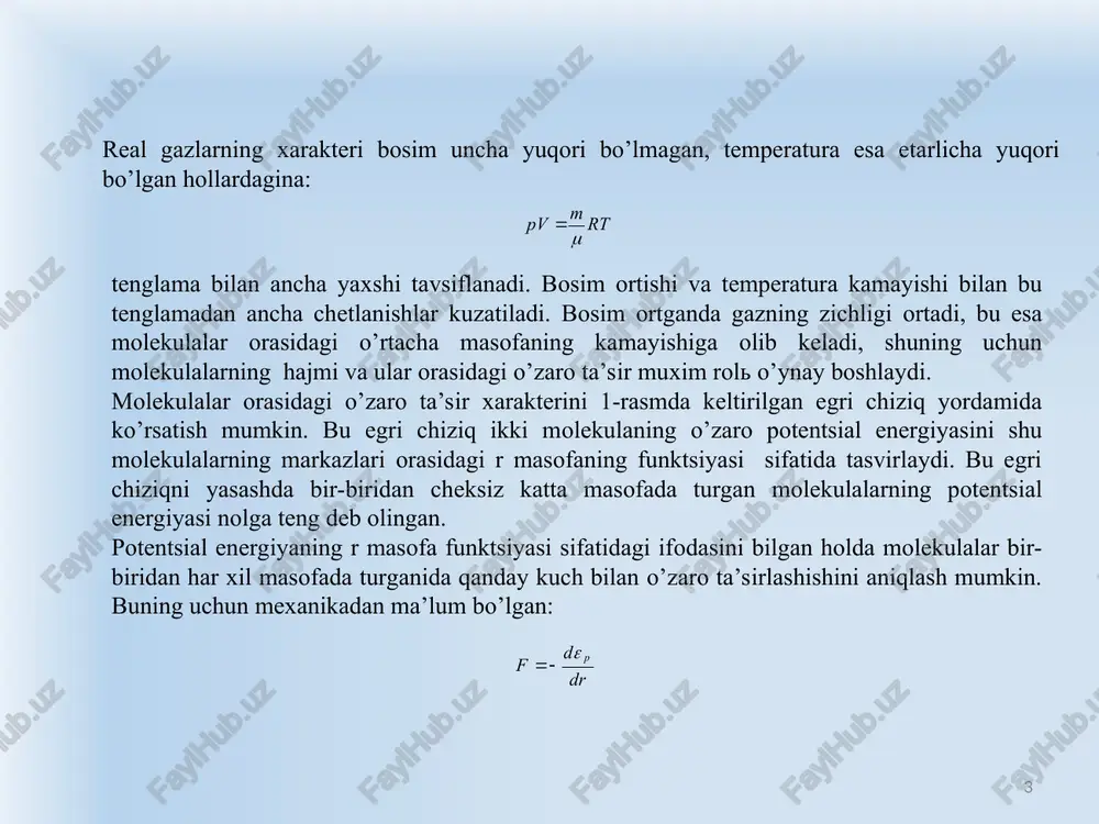 da gazni o’sha hajmda saqlab qolish uchun tashqi bosimni pi ichki bosimga teng miqdorda orttirishga to’g’ri kelgan bo’lar edi. tenglama bir mol gaz uchun yozilgan. z mol gazga mos keluvchi ixtiyoriy m massali (zm) gazga oid tenglamaga o’tish uchun o’sha sharoitda uning z marta ortiq hajm egallashini, ya’ni: vzvm bo’lishini hisobga olish kerak. (1) da vm o’rniga vz qo’yib, quyidagi tenglamani topamiz: bu tenglamani z ga ko’paytirib va quyidagi: belgilarni kiritib, z mol gazga oid van-der-vaals tenglamasini hosil qilamiz: real gazning ichki energiyasi. real gazning molekulalari orasidagi o’zaro ta’sir natijasida molekulalarning o’zaro er potentsial energiyasi yuzaga keladi va bu energiya molekulalar harakatining ek kinetik energiyasi bilan birga gazning ichki energiyasini tashkil etadi: e=ek+er. biz bilamizki, bir mol gazdagi molekulalarning kinetik energiyasi ga teng, ya’ni temperaturaning funktsiyasidir. molekularning o’zaro potentsial energiyasi ularning orasidagi o’rtacha masofaga bog’liq. shuning uchun er potentsial energiya v gaz hajmining funktsiyasi bo’lishi kerak. binobarin, real gazning ichki …