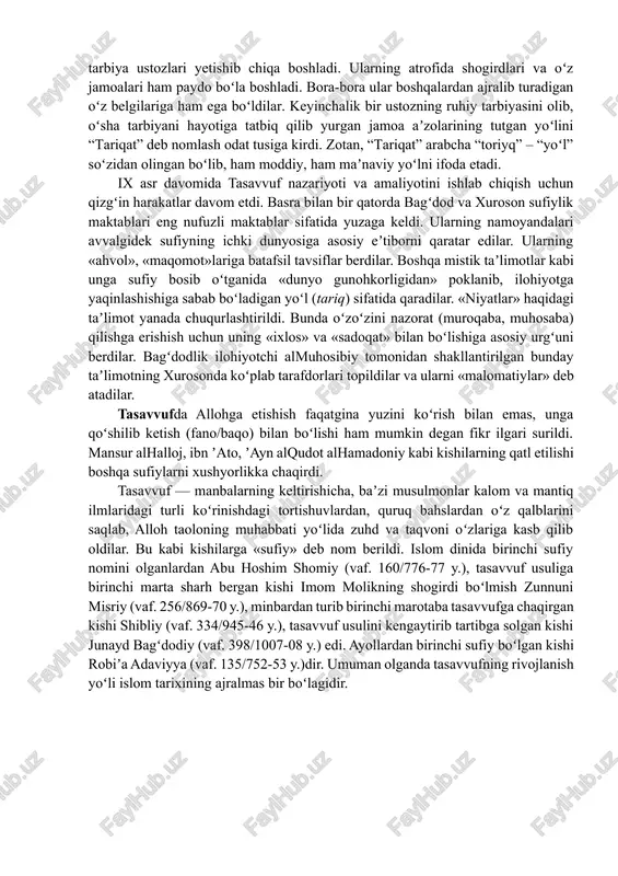 yozib qoldirishgan. ulardan ayrimlari oʻzbekiston fanlar akademiyasi sharqshunoslik instituti qoʻlyozmalar fondida saqlanmoqda. tasavvuf tariqatlarining insoniyat maʼnaviyatini yuksaltirishga qoʻshib kelayotgan benazir hissasi butun dunyo xalqi tomonidan eʼtirof etilsa-da, baʼzan islom olamida tasavvufga salbiy nazar bilan qarash, uning tariqatlari, mashoyixlar va karomatlarini inkor etish koʻzga tashlanadi. burhoniddin al-biqoiy (1406–1480)ning «tasavvuf inqirozi», abdurahmon dimashqiyning «naqshbandiya tahlili» kitobi va boshqa kitoblarda tasavvufning barcha tariqatlari va ularga doir asarlar hamda mashoyixlar qattiq tanqid qilingan. mustaqillik yillaridan beri oʻzbekistonda tasavvuf tariqatlarini oʻrganish, unga doir asarlarni tarjima qilish, atoqli mashoyixlarning maqbaralarini qayta qurish va taʼmirlashga ahamiyat berilmoqda. shuningdek, tasavvuf tariqatlariga mansub pir-u komillar: hakim termiziy, najmiddin kubro, abduxoliq gʻijduvoniy, xoja ahmad yassaviy, bahouddin naqshband, xoja axror valiy, shayx zayniddin, zangi ota, shayx xovandi tohur kabi valiylarning hayot va ijodlarini chuqur oʻrganish, qoldirgan asarlaridan xalqni bahramand etish borasida muayyan ishlar qilinmoqda. tariqatlar, tasavvuf va mutasavviflar tarixini oʻrgangan olimlardan biri abu nuaym oʻzining “xulyatul avliyo” kitobida tasavvuf bilan mashhur …