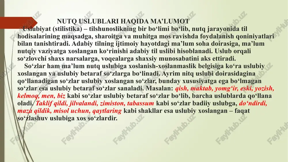 ar, kirish so‘z va kirish birikmalar, iboralar, qo‘shma gaplardan foydalaniladi. ommabop (publitsistik) uslub ommaviy axborot vositalari uslubi, tashviqot-targ‘ibot ishlari olib boriladigan nutq tili ommabop uslub hisoblanadi. soddalik, tushunarli bo‘lish, ta’sirchanlik, adabiy til me’yorlariga rioya qilish bu uslubning asosiy belgilaridan hisoblanadi. ommabop uslubning radio, televideniyeda ishlatiladigan ko‘rinishi og‘zaki ommabop uslub deyilsa, gazeta, jurnallarda ishlatiladigan ko‘rinishi yozma ommabop uslub deyiladi. bu uslubda reja, anjuman, farmon, ijro, kengash, ishtirokchi, hukumat, davlat kabi ijtimoiy-siyosiy so‘zlar keng qo‘llanadi. nutq ta’sirchan bo‘lishi uchun ta’sirchan so‘z va birikmalardan, maqol va hikmatli so‘zlardan ham foydalaniladi. bunday uslubda gap bo‘laklari odatdagi tartibda bo‘ladi, kesimlar buyruq va xabar maylidagi fe’llar bilan ifodalanadi, darak, his-hayajon va ritorik so‘roq gaplardan, yoyiq undalmalardan, takroriy so‘z va birikmalardan unumli foydalaniladi: 1. azamat paxtakorlarimiz mo‘l hosil yetishtirish uchun fidokorona mehnat qilishyapti. 2 . partiya faollari navbatdagi majlisga yig‘ilishdi. badiiy uslub ma’lum bir voqelikni badiiy obrazlar (timsollar) vositasida aks ettirib, tinglovchi yoki o‘quvchiga estetik jihatdan ta’sir …