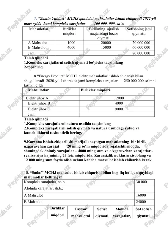 i ishlab chiqarilgan mahsulot va mahsulotning birligi bo‘yicha olinadigan marjinal va sof daromadni hisoblab chiqing. 7. “zamin yulduzi” mchj qandolat mahsulotlar ishlab chiqaradi 2022-yil mart oyida hami kompleks xarajatlar 100 000. 000 .so‘m mahsulotlar birliklar miqdori birlikning ajralish nuqtasidagi bozor qiymati, sotishning jami qiymati,. a mahsulot 1000 20000 20 000 000 b mahsulot 4000 15000 60 000 000 jami 80 000 000 talab qilinadi 1.komleks xarajatlarni sotish qiymati bo‘yicha taqsimlang 2-topshiriq. 8.“energy product” mchj elektr mahsulotlari ishlab chiqarish bilan shugullanadi 2020-yil i chorakda jami kompleks xarajatlar 250 000 000 so‘mni tashkil qildi mahsulotlar birliklar miqdori elektr jihoz a 12000 elektr jihoz b 4000 elektr jihoz c 9000 jami talab qilinadi 1.kompleks xarajatlarni natura usulida taqsimlang 2.kompleks xarajatlarni sotish qiymati va natura usulidagi yutuq va kamchiliklarni tushuntirib bering. 9.korxona ishlab-chiqarilishi mo‘ljallanayotgan mahsulotning bir birlik uzgaruvchan xarajat 20 ming so‘m miqdorida rejalashtirmoqda, shuningdek doimiy xarajatlar – 4000 ming sum va o‘zgaruvchan xarajatlar …