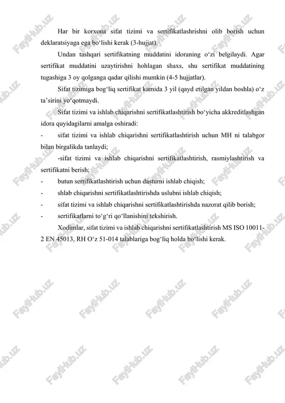 hiqarishni sertifikatlashtirishda nazorat qilib borish; - sertifikatlarni to‘g‘ri qo‘llanishini tekshirish. xodimlar, sifat tizimi va ishlab chiqarishni sertifikatlashtirish ms iso 10011-2 en 45013, rh o‘z 51-014 talablariga bog‘liq holda bo‘lishi kerak. 1-hujjat ekspert-auditor deklaratsiyasining ko'rinishi o'zbekiston respublikasi milliy sertifikatsiyalashtirish tizimi va ishlab chiqarishni sertifikatsiyalashtirish bo'yicha hujjatlarga belgilangan ekspert-auditorning shartlarga rioya qilishdagi deklaratsiyasi men_____________________________________________________________ familiyasi, ismi va sharifi o'zimning ishimda, tekshirish va sifat tizimi va ishlab chiqarishni sertifikatsiyalashtirishda nss o'z r iso (ms iso 10011-1-90 «sifat tizimini tekshirish bo'yicha rahbarlik buyruqlari. 1-qism. tekshirish»; ms iso 10011-2-91 «sifat tizimini tekshirish bo'yicha ekspert-auditor uchun kvalifikatsion mezon») hujjatlarida ko'rsatilgandek rioya qilaman. ________________ ___________________ __________________________ sana shaxsiy imzo f.i.sh. 2-hujjat bilvosita korxonadagi mutaxassis arizasini ko'rish direktorga _________________________________ sertifikatsiya bo'yicha idoraning nomi ______________________________dan f.i.sh. _________________________________ lavozimi _________________________________ korxonaning nomi ariza men___________________________sifat tizimi sertifikatsiyasi bo'yicha f.i.sh. komissiya ishida qatnashishga_______________________________roziman. sertifikatsiyalashtirish idorasining nomi men ishlayotgan korxona rahbariyatidan ruxsatnomaga egaman. o'zbekiston respublikasi milliy sertifikatsiyalashtirish qoidalariga maxfiy ravishda to'liq rioya qilaman. …