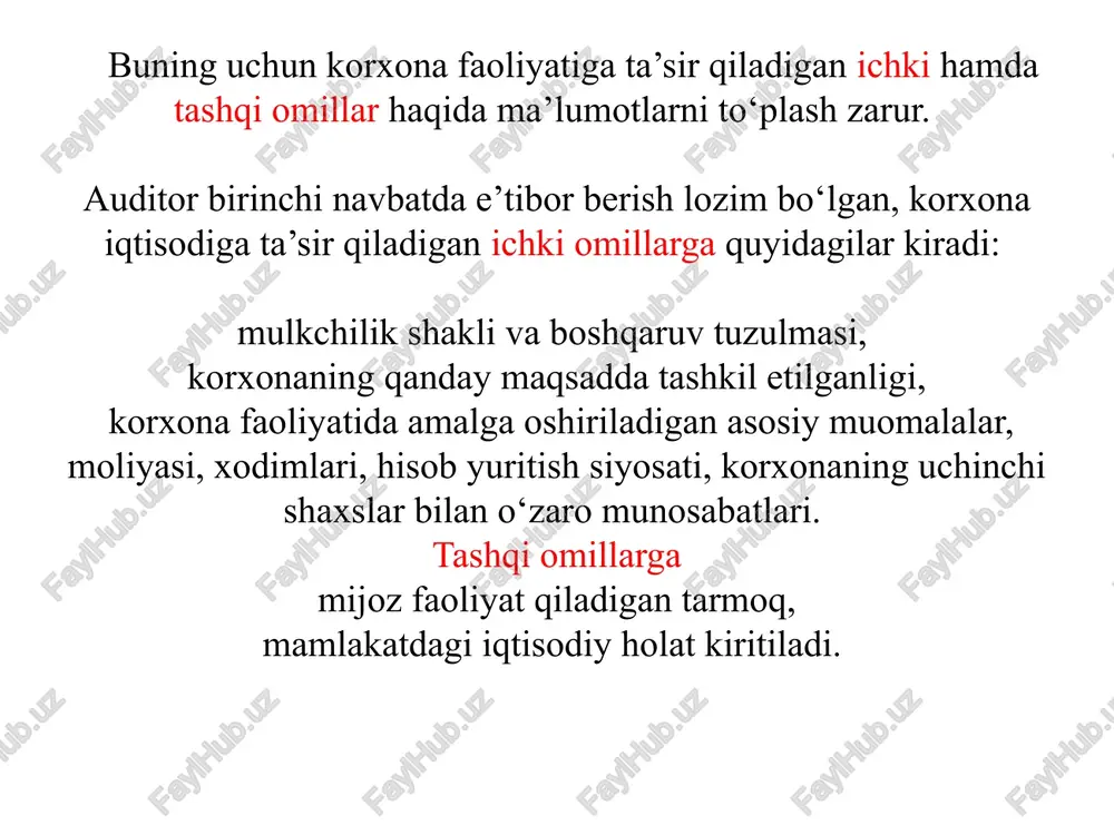 l qo‘ymaydi; har qanday muomalalarni muvofiqlashtirish tizimi mavjud; inventarizatsiya muntazam ravishda o‘tkaziladi; buxgalteriya hisobotlari va rejadan chetga chiqishlar tahlil qilinadi. hisob siyosatida yo'l qo'yiladigan kamchiliklar tashkiliy-texnik kamchiliklar uslubiy kamchiliklar soliq hisobiga oid kamchiliklar hujjatlar aylanish qoidalari va reja-grafigi yo'qligi ichki hisobot tizimidaga kamchi-liklar (tarkibi, shakllari, dav-riyligi, tuzish va taqdim qilish muddatlari, foydalanuvchilar) ichki nazorat tizimidagi kam-chiliklar (ichki audit xizmati, mutaxassis, shaxsan rahbarning o'zi, taftish komissiyas) bux. to'g'risidagi nizom va bux-ya xodimlarining xizmat vazifalari taqsimotidagi kamchiliklar inventarizatsiya o'tkazish tartibidagi kamchiliklar materiallar haqiqiy sarfining normadan chetga chiqishini nazorat qilish usullari umum ishlab chiqarish xarajatlari va boshqa bilvosita xarajatlarni taqsimlash tartibi davr sarflarini hisobdan o'chirish tartibi tugallanmagan ishlab chiqarishni aniqlash alohida hisob yuritishni tashkil etish tartibi (faoliyat turlari bo'yicha, sotilgan tovarlar bo'yicha, har xil stavkalarda qqs solinadigan, qqs solinmaydigan va hokazo) ijtimoiy soha ob'ektlarini alohida hisobga olishni tashkil etish (mulklar imtiyoz berilgan va imtiyoz berilmagan ishlab chiqarishlarda birga qo'shib ishlatilgan hollarda mulk solig'i …