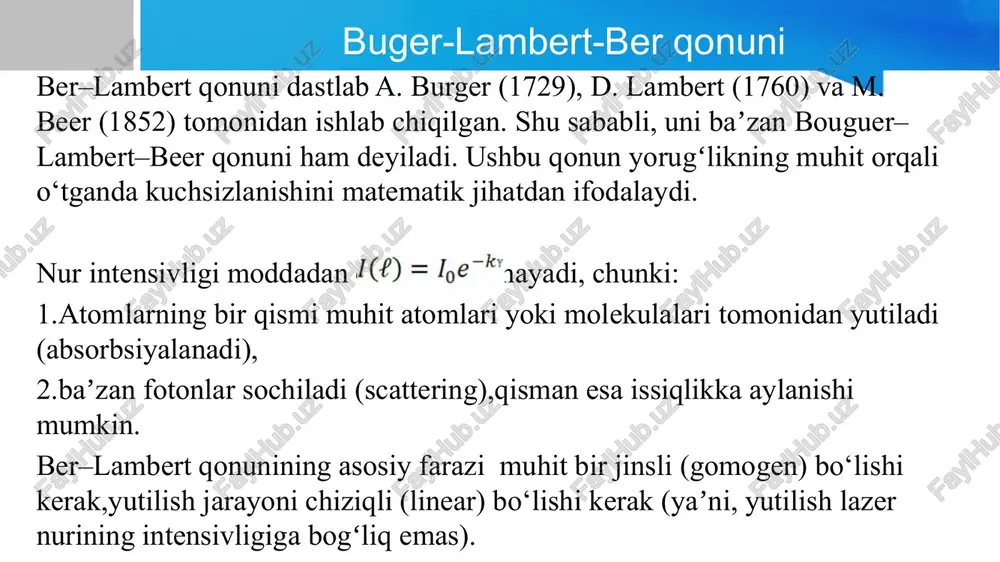 a uning yutilishini o‘lchash orqali konsentratsiyani aniqlash mumkin (masalan, gazlar, suyuqliklar yoki biologik namunalarni tahlil qilishda). yorug’likning yutishi(light absorption) turli qalinlikda yorug’likning o’tishi . . . e’tiboringiz uchun raxmat image2.jpeg image3.png image4.jpeg image5.jpeg image6.jpeg image7.png image8.jpeg image9.png image10.jpeg image1.jpeg /docprops/thumbnail.jpeg