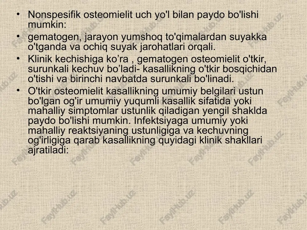 eaktsiyasi odatda yaxshi sifatli o’sma holatni ko'rsatadi. yupqa periosteal reaktsiyalar.aniq bo'lmagan belgi, chunki u surunkali yaxshi sifatli jarayonni ko'rsatishi mumkin, bu hatto qalinlashuv bilan doimiy periostal reaktsiyada ham asta-sekin o'sib boradi yoki agressiv suyak shikastlanishining eng erta bosqichini ko'rsatishi mumkin, bu intervalli periostal reaktsiyaga tez o'tadi. to’lqinsimon periostal reaksiya periostal reaksiya qalinlashuv bilan (2mm yoki undan yuqori) elliptik periostal reaksiya . periostal mantiya qatlamli («piyoz po’sti») periostal reaksiya. perpendikulyar reaksiya , kodman uchburchagi. amorf periostal reaksiya chiziqli periostit ingichka (1 mm gacha), qalin (2 mm va undan ko'p). yupqa periostit agressiv jarayonni tavsiflashi mumkin. qalin periostit ko'pincha yaxshi sifatli jarayonni tavsiflaydi (to'lqinli, periostal mantiya, elliptik periostit) / frensis a. burgener. 2011/.intervalli periostit/ qatlamli, spikulalar, kodman burchagi va amorf /ko'pincha yomon sifatli patologiyaning namoyon bo'lishisi hisoblanadi/ frensis a. burgener. 2011/.gematogen osteomiyelit: periosteal reaktsiya yupqalash yoki qalinlashuv bilan uzluksiz /ba'zan qatlamli/ /frensis a. burgener. 2011/.surunkali osteomiyelit: periostal reaktsiya doimiy ko'pincha to'lqinli va …