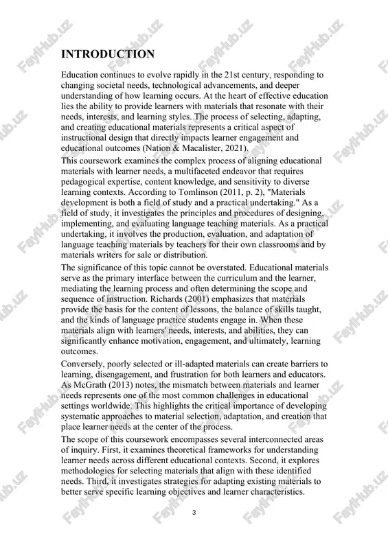 techniques facilitate the effective adaptation of existing materials to better address specific learning objectives? 4. what processes support the development of original materials that are tailored to particular learner needs and contexts? 5. how can educators evaluate the effectiveness of selected, adapted, or created materials in meeting learner needs? to address these questions, this coursework integrates insights from various fields, including instructional design, curriculum development, educational psychology, and materials development. it draws on both theoretical perspectives and practical applications, synthesizing research findings with case studies and empirical evidence. the importance of this investigation extends beyond the immediate concerns of individual classrooms. in an era of increasing educational accountability, resource constraints, and technological change, educators face mounting pressure to optimize the learning experience through judicious selection and use of materials. furthermore, as educational systems worldwide strive to become more inclusive and responsive to diverse learner populations, the ability to customize materials …