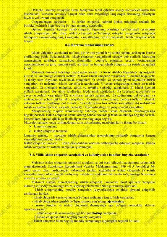 yig‘indisi alternativ yoki iqtisodiy xarajatlarni tashkil qiladi. alternativ xarajatlar, firmaning resurslaridan eng yaxshi variantda foydalanishi bilan bog‘liq yo‘qotilgan imkoniyatlardir. iqtisodiy xarajatlar firma faoliyatini buxgalter va iqtisodchi tomonidan baholanishini farq qilishga imkon beradi. buxgalterni birinchi navbatda, firmaning ma’lum muddat davomidagi (hisobot davrida) faoliyati natijalari qiziqtiradi. iqtisodchini esa firmaning kelajagi, uning kelajagidagi faoliyati qiziqtiradi. shuning uchun ham iqtisodchi firma ixtiyoridagi resurslardan eng yaxshi alternativ foydalanish variantlarni topishga etibor beradi. qaytarilmaydigan xarajatlar. qaytarilmaydigan xarajatlar oldin qilingan xarajatlar bo‘lib, ularni qaytadan tiklash mumkin emas. bu xarajatlar qaytarilmasligi uchun ham firmaning qaror qabul qilishiga ta’sir qilmaydi. masalan, firma 100 ming so‘mga maxsus uskuna sotib oladi, lekin firmani qarori o‘zgaradi va bu uskuna umuman kerak bo‘lmay qoladi, undan alternativ foydalanish varianti mavjud emas. firma ushbu uskunani 60 ming so‘mga sotib, 40 ming so‘m zarar ko‘rdi, 40 ming so‘m qaytarilmaydigan xarajat hisoblanadi. o‘zgarmas xarajat(fc) – bu qisqa muddatli oraliqda mahsulot ishlab chiqarish hajmiga bog‘liq bo‘lmagan xarajatdir (mahsulot …
