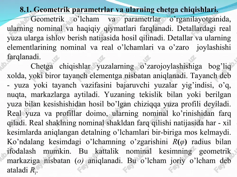 immetriklikdan chetga chiqish, o’qlar kesishishidan chetga chiqishlar o’zaro joylashish xatoliklariga misol bo’la oladi. shakl va joylashish chetga chiqishlarning yig’ma joizligi yuza yoki profil elementlari o’rtasida bir vaqtning o’zida shakl og’ishi bilan o’zaro joylashish og’ishlari xam kuzatiladigan hollar uchun belgilanadi. radial va ko’ndalang urinishlar shu turdagi chetga chiqishlarga misol bo’la oladi. radial urinish profilining chetga chiqishi xamda real o’qning tayanch o’qdan og’ishi natijasida kelib chiqadi. ko’ndalang urunish esa yuzaning notekisligi va yuzaning aylanish o’qiga nisbatan perpendikulyarlikdan og’ishi natijasida hosil bo’ladi 8.1-rasm. shakl va joylashishning yig’ma og’ishlari joylashishining bog’liqlik va mustaqil joizliklari bo’lishi mumkin. bog’liqli joizlik deb, yuzalar joylashishiga, yuza tayyorlanish o’lchamlariga bog’liq xolda ularning o’zaro joylashishiga berilgan joizlikga aytiladi. chizmada bu joizlikning minimal qiymati beriladi. bu joizlik vallarning eng katta ruxsat qilingan qiymatidan ikkinchi chetga chiqish chegarasigacha o’zgarish qiymatlarigacha ko’payishi mumkin. bu joizlik detallarning yig’iluvchanligini hisobga olib belgilanadi. 8.2-rasm. teshiklarning o’q mosligiga berilgan joizlik. bu yerda bog’liqli joizlik xar ikki tutashmada …