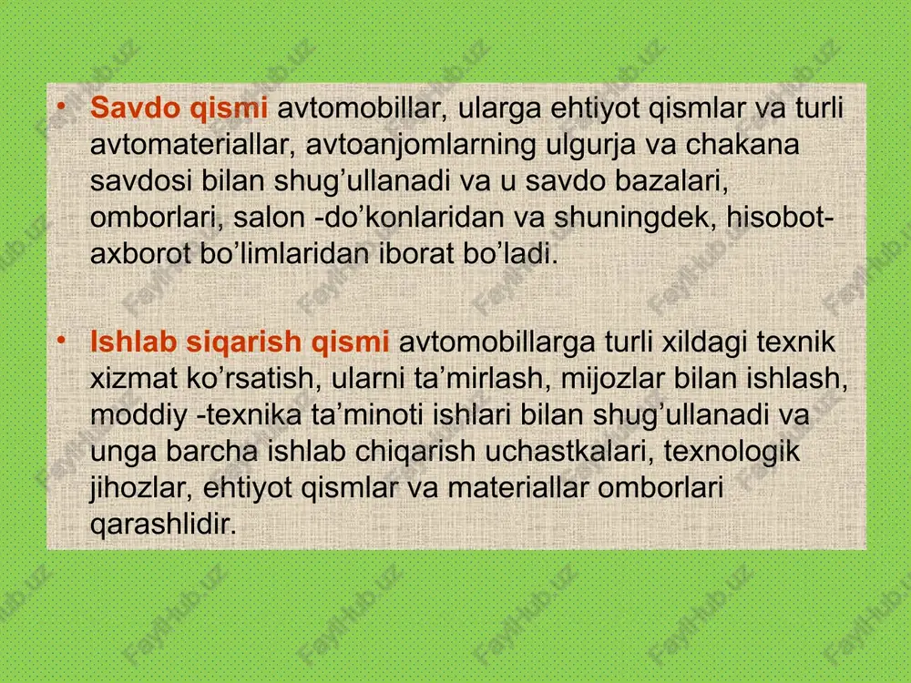va ko’pincha avtomarkazlarda va yirik quvvatli stansiyalarda qo’llaniladi. agregat -uzel usulining afzalligi: ish unumi oshadi (bir xil ishni bajaraverish natijasida); ishlar sifatini nazorat qilish imkoniyati oshadi; brigadalar orasida korxonaning ishlab-chiqarish resurslarini (ishchi postlari, jihozlar, asbob-uskunalar, ehtiyot qismlar va h.k.) taqsimlash osonlashadi. kamchiligi esa avtomobilni yaxlit texnik holatiga brigadalarni yakka javobgarligi sustlashadi. mexnatni taqsimlash va tashkil etishni yana bir usuli xizmat turlari bo’yicha ixtisoslashgan ishchilar brigadasini shakllantirish va ishlatishdir. bu usulga binoan xizmat turlari-yuvish-tozalash, texnik xizmat, mayda va tez ta’mirlash, jiddiy ta’mirlash, kuzov ishlari va h.k. bo’yicha aloxida ixtisoslashgan ishchilar brigadalari tuzilib ishga tushiriladi. bunday brigadalar turli kasbdagi ishchilardan iborat bo’lib o’z ixtisosligi bo’yicha (tx yoki ta’mirlash) qabul qilinib olingan avtomobil bo’yicha barcha turdagi ishlarni (yuvish va tozalashdan tashqari) to’la bajaradilar. ishchilar mexnatini bu usulda tashkil etishining asosiy afzalligi: • uning soddaligi va qulayligidadir. ishchilar mexnatini tashkil etishni yana bir usuli kompleks brigadalardir. bu brigadalar ham turli kasbdagi ishchilardan iborat bo’lib …