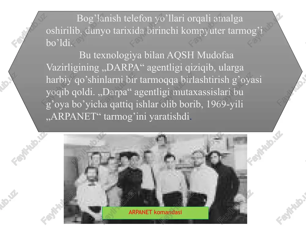 oshqa kompyuter tarmoqlaridan quyidagi jihati bilan farqlanadi: bir yoki bir nechta serverdan tashkil topgan tarmoq mijozi undagi ma'lumotlardan foydalanish uchun ularning qaysi serverda, qaysi katalogda, qanday nom bilan saqlanayotganligini, ularga kirish usuli va shartlarini bilishi zarur bo‘ladi. internetda esa bunday noqulayliklarning oldi olingan bo‘lib, uning foydalanuvchisi bunday ma'lumotlarni bilishi shart emas. bundan tashqari, internet tarmog‘ida mavjud bo‘lgan barcha elektron xujjatlar va ma'lumotlar omborini giperbog‘lanishlar yordamida o‘zaro bog‘lab yagona axborot muhiti qurish, unda qulay axborot qidiruv tizimlarini tashkil etish mumkin bo‘ladi. internet-rrovayder - bu internet tarmog‘ining mahalliy vakili hisoblanadi. u sizning internet bilan ishlashingizni taminlaydi. internetga ega bo‘lish uchun internet-provayderlarga murojaat etishingiz zarur. internet provayderlar quyidagi xizmatlarini taqdim etadi: www internet resurslarini tashkil etish e-mail elektron pochta xizmati web hosting shaxsiy veb saytlarni internetga joylashtirish internet conference internet orqali video muloqot searching internet qidiruv tizimlaridan foydalanish ftp fayllarni almashish protokoli ip tv internet tarmog‘i orqali raqamli televideniya ip telefoniya internet tarmog‘i …