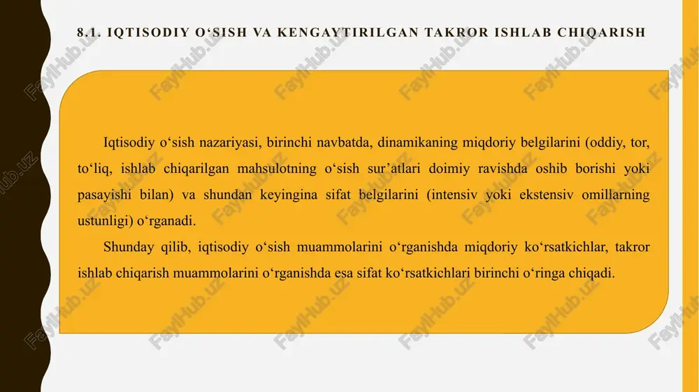 n. ushbu mahsulotlarning har biri yuzga yaqin operatsiyani talab qiladi. tarqoq manufaktura ishchilarning uy mehnatidan foydalanishni ko‘zda tutadi. iqtisodiy o‘sish tiplari: 1 toindustrial 2 industrial 3 postindustrial toindustrial iqtisodiy o‘sishning mazkur turida qishloq xo‘jaligi milliy iqtisodiyotning asosiy tarmog‘i hisoblanadi. bu shuni anglatadiki, aholining aksariyati qishloq joylarda yashaydi, qishloq xo‘jaligi bilan shug‘ullanadi va yaimda qishloq xo‘jaligining ulushi yalpi ishlab chiqarishning yarmidan ko‘prog‘ini tashkil qiladi. ba’zi asarlarda toindustrial agrar rivojlanish an’anaviy jamiyat bosqichi sifatida tilga olinadi. industrial o‘z nomidan ham ko‘rinib turibdiki, mazkur turdagi iqtisodiy o‘sishning asosiy xususiyati sanoat ishlab chiqarishning jadal o‘sishida namoyon bo‘ladi, bu esa o‘z navbatida ishlab chiqarishning moddiy asosida tub burilishlar yuz berishini anglatadi. postindustrial iqtisodiy o‘sishning shunday turiki, unda o‘z ehtiyojlariga ega bo‘lgan inson iqtisodiy tizimning markazida ko‘riladi. uning bugungi kuni va kelajagi butun jamiyatning asosiy tashvishi sanaladi. shunday qilib, falsafa nuqtai nazaridan yondashadigan bo‘lsak, mazkur holatda inkorni inkor qilish jarayoni yuz beradi. e’tiboringiz uchun rahmat! /docprops/thumbnail.jpeg