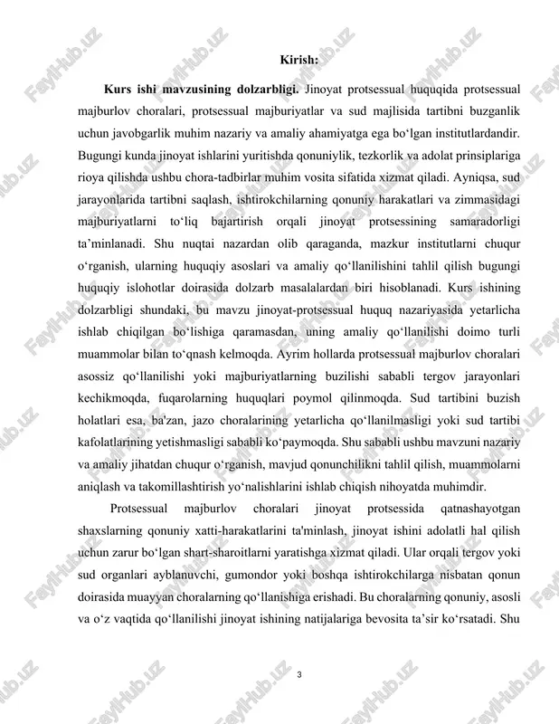 vokat va boshqalar – belgilangan protsessual majburiyatlarga ega bo‘lib, ushbu majburiyatlarga rioya etilishi tergov va sud ishlarining adolatli kechishida hal qiluvchi rol o‘ynaydi. ular o‘z harakatlarida qonunga bo‘ysunmog‘i, jarayonga xalaqit bermasligi, haqiqatni aniqlashga yordam berishi lozim. protsessual majburiyatlar institutining samarali ishlashi huquqni muhofaza qiluvchi organlarning faoliyati va jinoyat ishlarining xolisona ko‘rib chiqilishiga xizmat qiladi. shu bilan birga, protsessual majburiyatlarning buzilishi yoki bajarmaslik holatlari turli qonuniy oqibatlarni, shu jumladan majburlov choralarining qo‘llanishiga sabab bo‘lishi mumkin. yana bir muhim masala – bu sud majlisida tartibni buzganlik uchun javobgarlik masalasidir. sud jarayonida tartibni saqlash – bu faqat tashkiliy masala emas, balki jinoyat protsessining qonuniy, muvozanatli va odil kechishini ta'minlaydigan huquqiy kafolatdir. sudda muhokama qilinayotgan ish yuzasidan barcha ishtirokchilar, tomoshabinlar va jurnalistlar tartibga rioya qilishi lozim. agar sud tartibi buzilsa, bu sud qarorining adolatli va xolis chiqishiga to‘sqinlik qilishi mumkin. shu sababli sud majlisida tartibni buzganlik uchun jinoyat protsessual qonunchilikda maxsus javobgarlik choralarining mavjudligi …