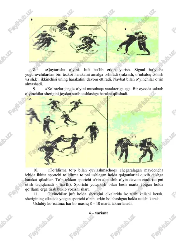 ib borishi, ularning oyoqlari orasidan emaklab o‘tishi, galma - gal oyoqlarini yuqoriga ko‘tarib qarama-qarshi qo‘l uchiga tekkizgan holda qaytishi kerak. qatorlar o‘rin almashib mashq bajariladi. 3. xuddi shu mashq, birinchi qator to‘rt oyoqlab yonlamasiga tizilab turadi. ikkinchi qator yugurib kelib ularning ustidan sakrab o‘tadi. qaytishda esa oyoqni galma-gal oldinga tashlab yarim o‘tirgan holda qo‘llarni yon tomonga keng yozib qaytadi. mashqni qatorlar o‘rin almashib davom ettiriladi. 1. . huddi shu mashq, lekin oldingi qatordagilar oyoq va qo‘l uchida to‘rt oyoqlab turishadi. ikkinchi qatordagilar yugurib kelib ularning tagidan emaklab o‘tishadi. dastlabki holatlarga qaytishda esa har qadamda ikki qo‘lini baravariga yuqoridan orqaga kerib kamon mashqini bajaradi. shu holda qatorlar almashib mashqni davom ettirishadi. 5. «lochin va tovuqlar» o‘yini. o‘yinchilar bellaridan ushlagan holda bir qator bo‘lib turadilar, oldinda turgan («ona tovuq») o‘zlariga qarama-qarshi turgan («lochin»)ga qator oxirida turgan tovuqni ushlashga halaqit beradi. 6. juftlikda: sherigiga oyog‘ini ushlatgan holda qo‘li bilan ma’lum masofagacha yurib borish. …