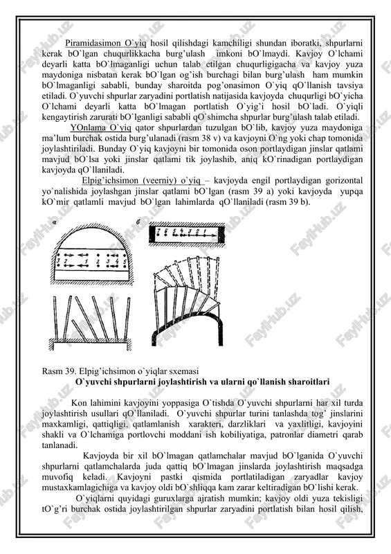 ak. rasm – 38. yonlama o`yiqlar hosil qilish sxemasi piramidasimon o`yiq hosil qilishdagi kamchiligi shundan iboratki, shpurlarni kerak bo`lgan chuqurlikkacha burg’ulash imkoni bo`lmaydi. kavjoy o`lchami deyarli katta bo`lmaganligi uchun talab etilgan chuqurligigacha va kavjoy yuza maydoniga nisbatan kerak bo`lgan og’ish burchagi bilan burg’ulash ham mumkin bo`lmaganligi sababli, bunday sharoitda pog’onasimon o`yiq qo`llanish tavsiya etiladi. o`yuvchi shpurlar zaryadini portlatish natijasida kavjoyda chuqurligi bo`yicha o`lchami deyarli katta bo`lmagan portlatish o`yig’i hosil bo`ladi. o`yiqli kengaytirish zarurati bo`lganligi sababli qo`shimcha shpurlar burg’ulash talab etiladi. yonlama o`yiq qator shpurlardan tuzulgan bo`lib, kavjoy yuza maydoniga ma’lum burchak ostida burg’ulanadi (rasm 38 v) va kavjoyni o`ng yoki chap tomonida joylashtiriladi. bunday o`yiq kavjoyni bir tomonida oson portlaydigan jinslar qatlami mavjud bo`lsa yoki jinslar qatlami tik joylashib, aniq ko`rinadigan portlaydigan kavjoyda qo`llaniladi. elpig’ichsimon (veerniy) o`yiq – kavjoyda engil portlaydigan gorizontal yo`nalishida joylashgan jinslar qatlami bo`lgan (rasm 39 a) yoki kavjoyda yupqa ko`mir qatlamli mavjud bo`lgan lahimlarda qo`llaniladi (rasm …