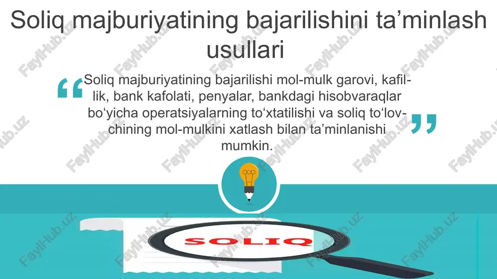 aqdirda, kafil va soliq to‘lovchi solidar javobgar bo‘ladilar. to‘lanishi bo‘yicha majburiyat kafillik bilan ta’minlangan soliq belgilangan muddatda to‘lanmagan yoki to‘liq to‘lanmagan taqdirda, soliq organi soliqni to‘lash to‘g‘risidagi talabnomani bajarish muddati tugagan kundan e’tiboran besh kun ichida kafillik shartnomasi bo‘yicha pul summasini to‘lash to‘g‘risida kafilga talabnoma yuboradi. 01 02 03 04 05 agar kafil kafillik shartnomasi bo‘yicha pul summasini to‘lash to‘g‘risidagi talabnomani belgilangan muddatda bajarmasa, soliq organi ushbu kodeksning 15-bobida nazarda tutilgan tartibda va muddatlarda ushbu kafildan to‘lash majburiyati uning kafilligi bilan ta’minlangan summalarni majburiy ravishda undirish choralarini qo‘llaydi. kafil shartnomaga muvofiq o‘z zimmasiga olgan majburiyatlarini bajargach, kafil tomonidan to‘langan summalarni, shuningdek shu summalar bo‘yicha foizlarni hamda soliq to‘lovchining majburiyatlari bajarilishi munosabati bilan ko‘rilgan zararlarning o‘rni qoplanishini soliq to‘lovchidan talab qilish huquqi unga o‘tadi. yuridik yoki jismoniy shaxs kafil bo‘lishi mumkin. soliqni to‘lash bo‘yicha bitta majburiyatga nisbatan bir vaqtning o‘zida bir nechta kafilning ishtirok etishiga yo‘l qo‘yiladi. soliq majburiyatining bajarilishini ta’minlash …