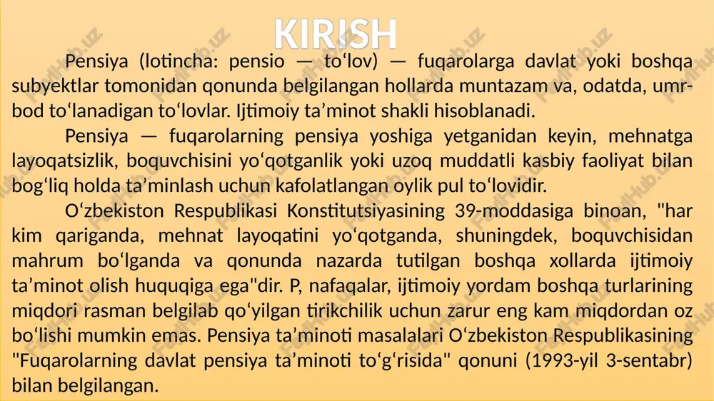 ng o‘zgarishi; ustama haq olish huquqining paydo bo‘lishi; bazaviy hisoblash miqdorining o‘zgarishi; daromadlarning indeksatsiya qilinishi. pensiya miqdorini qayta hisoblash to‘g‘risidagi ariza pensioner yashaydigan joy bo‘yicha pensiya jamg‘armasi bo‘limiga beriladi. oilaning voyaga etmagan a’zosi (boquvchisini yo‘qotganlik pensiyasi) yoki belgilangan tartibda huquqiy layoqatsiz deb e’tirof etilgan shaxsning nomidan pensiya miqdorini qayta hisoblash to‘g‘risidagi ariza uning ota-onasi yoki qonuniy vakili yashaydigan joy bo‘yicha pensiya jamg‘armasi bo‘limiga berilishi mumkin. quyidagi hollarda pensiya miqdorini qayta hisoblash to‘g‘risida ariza berish talab qilinmaydi: qonunchilikka muvofiq pensiyani hisoblash tartibi o‘zgarganda, pensiyani hisoblashning bazaviy miqdori o‘zgarganda; tayinlangan pensiya miqdori kamayishiga olib kelgan holatlar yuz berganda; oilaning 16 yoshdan 23 yoshgacha bo‘lgan a’zolaridan biri ta’lim muassasasidan berilgan uning o‘quvchi ekanligi haqidagi ma’lumotnomani taqdim etgan taqdirda boquvchisini yo‘qotganlik pensiyasini oluvchi oila a’zolari soni o‘zgarganda; nogironlik guruhi o‘zgarganda; i guruh nogironligi belgilanganda. pensiya miqdorini qayta hisoblash to‘g‘risidagi ariza pensiya jamg‘armasi bo‘limi tomonidan besh kun muddatda ko‘rib chiqiladi. savol: e. ismli shaxs 15 …