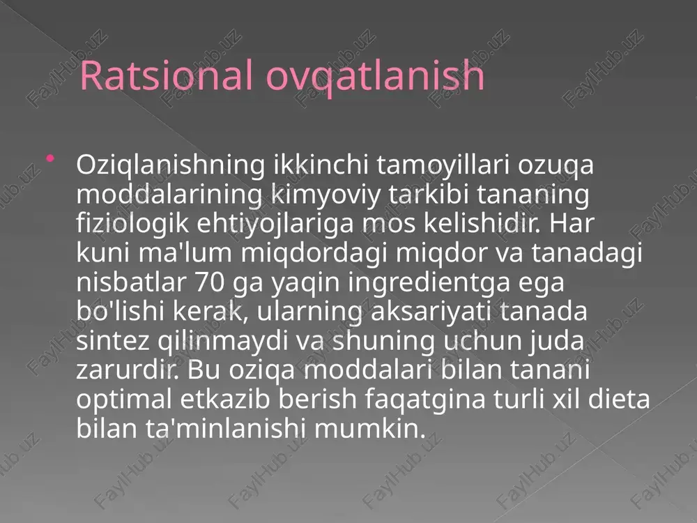 vqat hazm qilish oshqozon-ichak trakti bo'lgan juda ko'p hayvonlarga xos bo'lib, bu ichak bo'shlig'ida kechadi. extraintestinal hazm qilish ichaklari bo'lgan ayrim hayvonlarga xosdir, bunda yirtqich o’lja tanasiga oshqozon fermentlarini kiritadi, so'ngra yarim hazm qilingan oziqni yeydi00 (bu hayvonlarning eng mashhurlari – o’rgimchaklar va suv hasharotlari lichinkalari). parietal hazm qilish umurtqali hayvonlarda va boshqa hayvonlarda, ingichka ichak mikrovorsinkalari va to'g'ridan-to'g'ri yuzasiga (glycocalyx) so’riladi. hayvonlarda ovqat hazm qilish ko'pgina hayvonlar intraintestinal ovqat hazm qilish hujayra ichi bilan birlashtiriladi. hayvonlarda faqat hujayra ichidagi hazm bo'lishi mumkin. hasharotlarga, nematodalarga va umurtqali hayvonlar uchun xos bo'lgan intraintestinal oshqozon (ba'zida ichak tutilishi bilan qo'shilib ketadi). hayvonlarda ovqat hazm qilish tizimi odatda bo'limlarga bo'linadi. qorin bo'shlig'ida, asosan, o't o'simliklardagi qattiq oziqlarni yumshatish uchun ishlatiladigan fermentlar mavjud. og'izli apparat modifikatsiyalangan (o’zgargan). umurtqali hayvonlarda ovqat hazm qilish, quyidagi o'zaro bog'liq jarayonlar birlashmasidir: oziq-ovqat mexanik va fizik qayta ishlash, oshqozon-ichak trakti sekretsiya funktsiyasi bilan amalga oshiriladigan oziq komponentlarini kimyoviy parchalash …