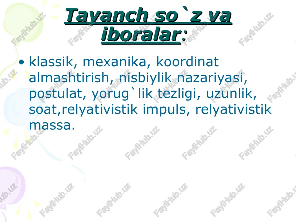 da demak, harakatlanayotgan soatlar qayd qiladigan t vaqt oralig`i tinch turgan soatlarning tegishli ko`rsatishlaridan kichik, ya’ni harakatlanayotgan soatlar sekinroq yuradi. 5.relyativistik impuls. relyativistik dinamikaning asosiy qonuni. nisbiylik nazariyasining zaminida yotuvchi ikki postulatning birinchisiga asosan, fizika qonunlari barcha inersial sanoq tizimlarida bir hil ko`rinishga ega. bundagi kattalikni, ya’ni  tezlik bilan harakatlanayotgan jism massasi m ni relyativistik massa, m0 ni esa tinch holatdagi jism massasi deb ataladi. eynshteynni ko`rsatishicha moddiy nuqta dinamikasining asosiy qonuni bundan bo`ladi. bu ifoda relyativistik dinamikaning asosiy qonuni deb ataladi. 6. massa bilan energiya orasidagi bog`lanish. katta tezlik bilan harakatlanayotgan jism massasi m tinch turgan shu jism massasi m0 dan katta bo`lib, harakat tezligi  ga bog`liqligi quyidagicha bo`ladi (1) (1) ifodani qatorga yo`yib va ikkinchi darajali kichik hadlarini hisobga olmay quyidagiga ega bo`lamiz ya’ni bunda kinetik energiya demak harakat qilayotgan jism kinetik energiya olgani sababli jism massasi ortib boradi. m- m0 = nazorat savollari galileyning nisbiylik …