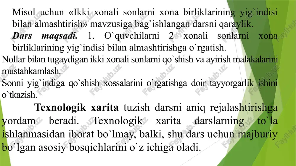 quvchilarning ishlarni mustaqil bajarishlari. ishni yig`ib olish. muammoli dars – muammoli dars. muammoli vaziyatni hosil qilib dars o`tishni nazarda tutadi. tuzilishi: muammoli vaziyat hosil qilish. qo`yilgan muammoni hal qilish. yangi bilimlarni tadbiq qilishga doir maxsus mashqlar bajarish. bajarilgan ishlarga yakun yasash. ammo, bu reja o`zgarishi mumkin. muammoning xarakteriga qarab, to`la yoki qimsman bajarilishi yoki uning ayrim punktlari birlashtirilishi mumkin. misol «42:3 ko`rinishdagi jadvaldan tashqari bo`lish» ni o`rganish. muammoli vaziyat hosil qilish. siz, 46 ni 2 ga bo`la olasizmi? buning uchun 46=40+6 almashtiramiz. endi 42:3 ni qaraylik, buni yuqoridagi usul bilan ishlab bo`lmaydi. (muammo). uyga vazifa. uy vazifasining mazmuni bir tomondan darsda o‘rganilgan yangi materialni mustahkamlashga qaratilgan bo‘lsa, ikkinchi tomondan keyingi darsga tayyorlashga qaratilmog‘i kerak. matematika darsi tahlili. dars ahamiyatini aniqlash, mazmuni, usulini baholash. ta'limiy va tarbiyaviy maqsadlari; dasturga mos kelishi, hayot bilan bog`liqligi, ilmiylik darajasi, qiziqishi, mustaqilligi, aqliy faoliyatlarini faollashtirish. o`quvchilar bilan ishlashi, topshiriqlar berishi. o`quv vositalari bilan ishlashi. o`qituvchi …