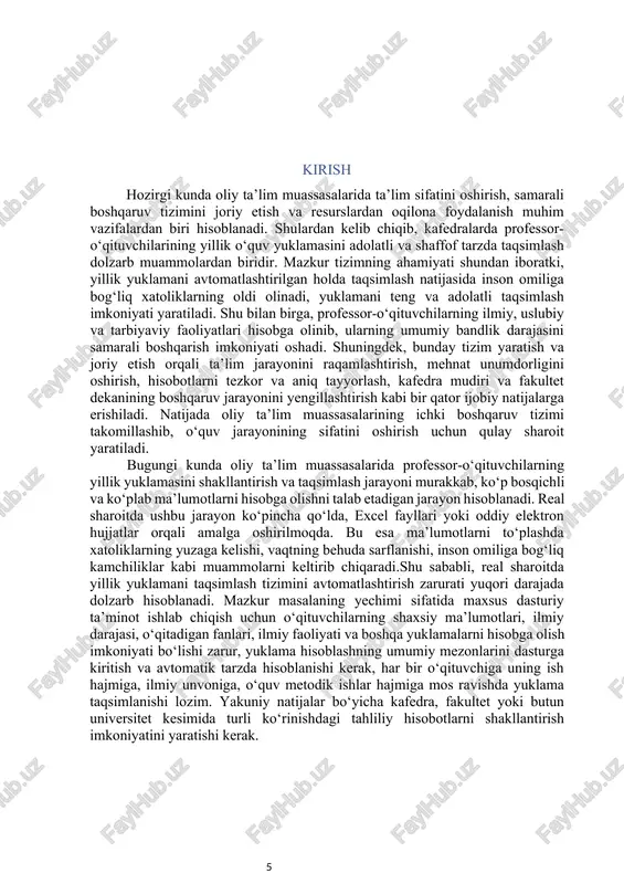 yillik yuklamasini taqsimlash tizimini tuzishda foydalanilgan manbaa 1.1 python to’g’risida ma’lumot kelib chiqishi va tarixiy rivojlanishi python dastlab 1980-yillarning oxirlarida gollandiya informatigi guido van rossum tomonidan ishlab chiqila boshlagan va 1991-yilning yanvar oyida birinchi rasmiy versiyasi (0.9.0) e’lon qilingan. pythonning nomi mashhur britaniyalik komediya guruhi "monty python's flying circus" nomidan olingan bo‘lib, bu til rasmiylikdan ko‘ra qulaylik va soddalikni ko‘zlaydi. falsafasi va tamoyillari python tili “zen of python” deb nomlangan 19 ta printsip asosida yaratilgan. bu printsiplar quyidagi g‘oyalarni o‘z ichiga oladi:aniqroq – noaniqdan yaxshiroq.soddaroq – murakkabdan yaxshiroq.o‘qilishi oson bo‘lgan kod – yozilishi oson bo‘lgan koddan ustun.har bir narsani qilishning bitta eng to‘g‘ri yo‘li bo‘lishi kerak. sintaksis va o‘qilish imkoniyati python sintaksisi juda toza va tushunarli. unda qavslar ({} yoki begin/end) o‘rniga bo‘sh joylar (indentation) yordamida kod bloklari ajratiladi. bu esa dasturchilarni kodni tartibli va o‘qilishi oson yozishga majbur qiladi. natijada, python kodi tabiatiga ko‘ra juda aniq ko‘rinadi. tip tizimi …